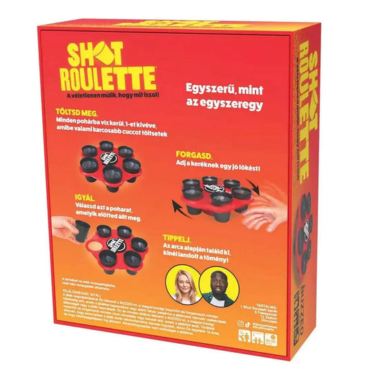 A Shot Roulette doboz hátlapja, részletes játékleírással, illusztrációkkal a poharakról és a forgó tárcsáról, valamint a játék lépéseinek bemutatásával.