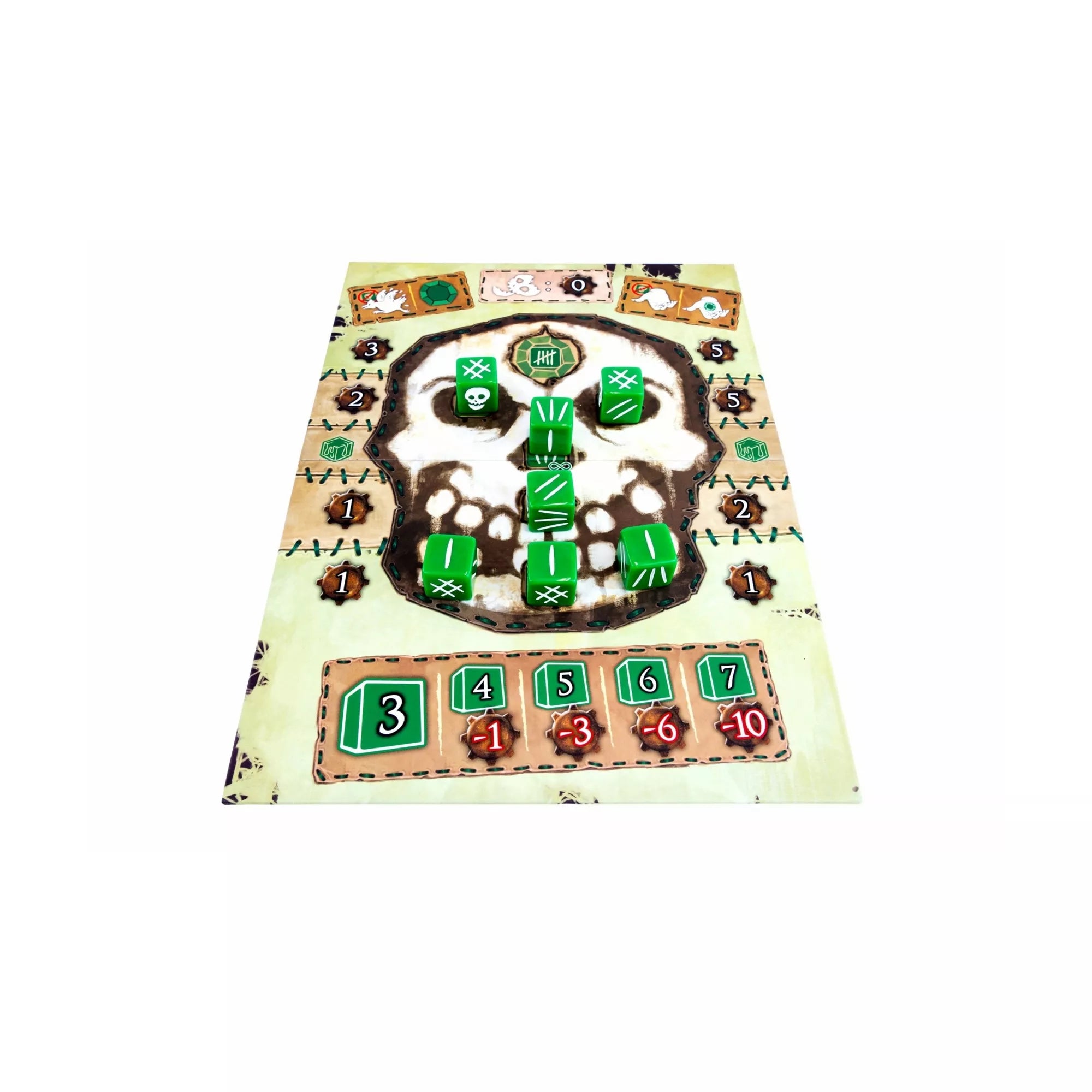 Smaragd Koponyák játéktábla közelről, középen koponya alakú mezőkkel és zöld dobókockákkal