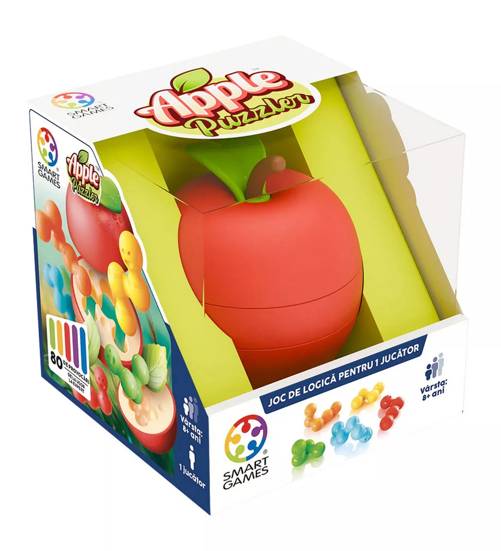 Apple Puzzler logikai játék doboza elölnézetből, átlátszó csomagolásban látható piros alma alakú 3D játékelemmel és színes férgek puzzle darabjaival, Smart Games kiadás.