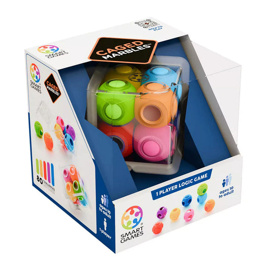 Smart Games Caged Marbles logikai játék színes golyókkal, átlátszó műanyag kockában, díszdobozos csomagolásban.