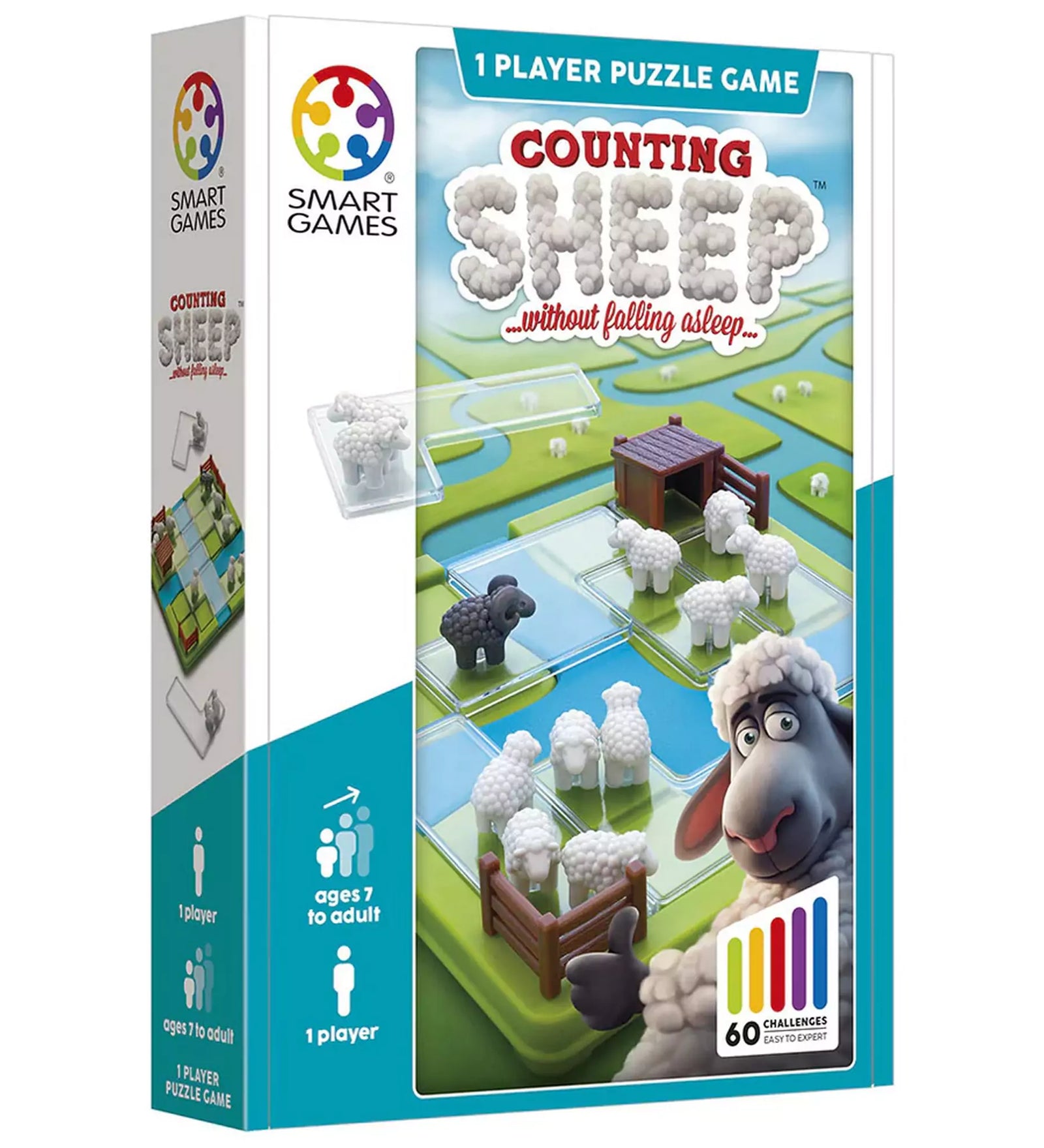 Smart Games Counting Sheep doboza, amely egy egyszemélyes logikai játék 60 kihívással, bárányos témával.