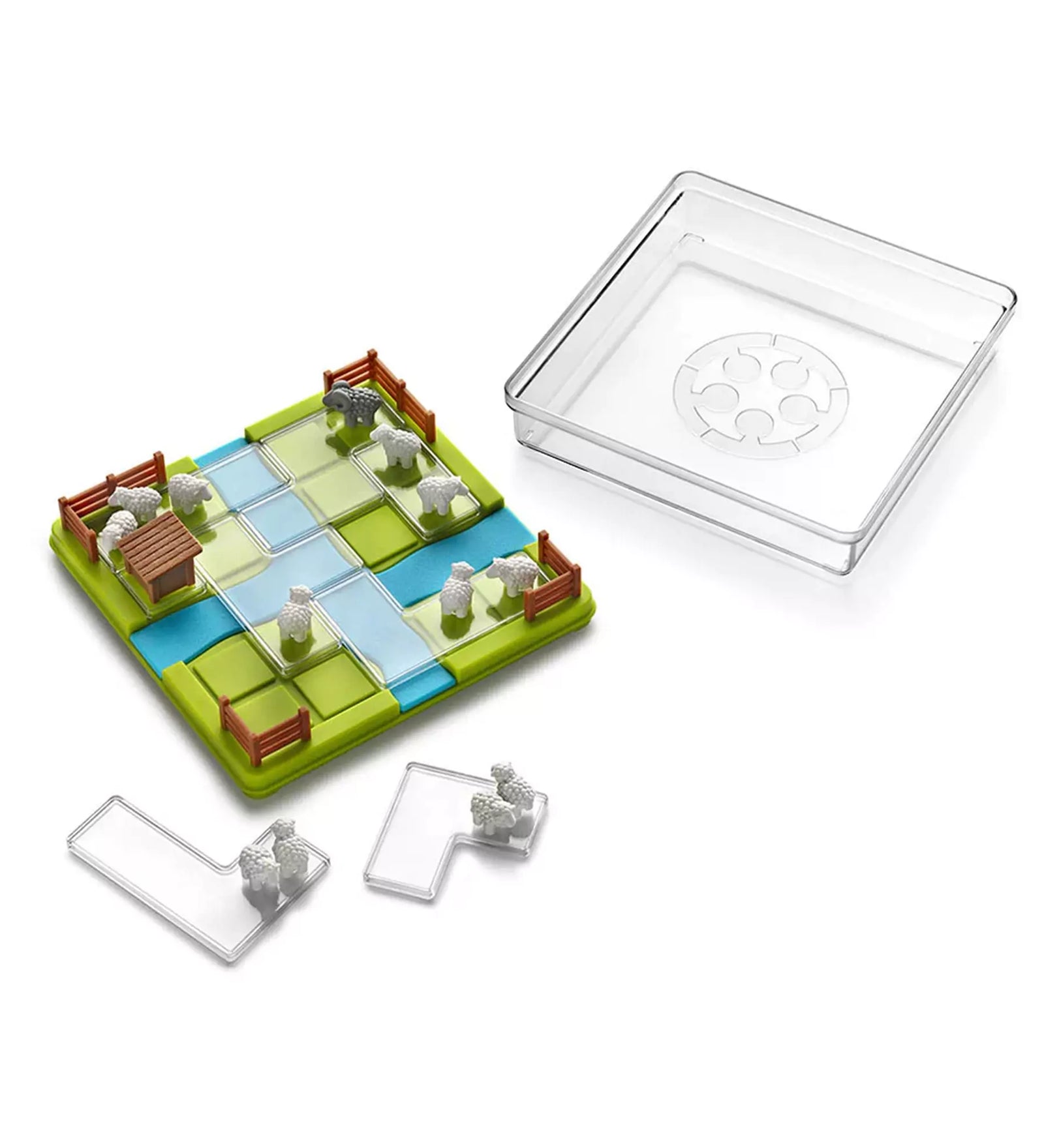 Smart Games Counting Sheep játéktábla és tartozékai, beleértve az átlátszó puzzle-darabokat bárányfigurákkal.