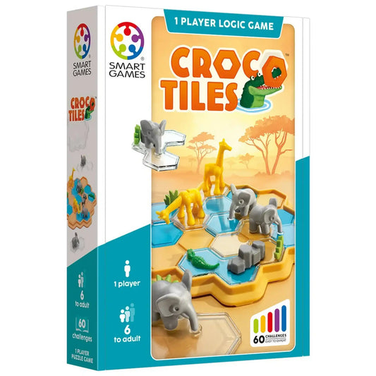 Smart Games Croco Tiles logikai játék doboza elefántokkal, zsiráfokkal és krokodillal, 60 feladvánnyal.