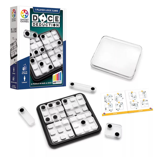 „A Smart Games Dice Deduction teljes tartalma: doboz, játéktábla, átlátszó elemek és feladványfüzet.”