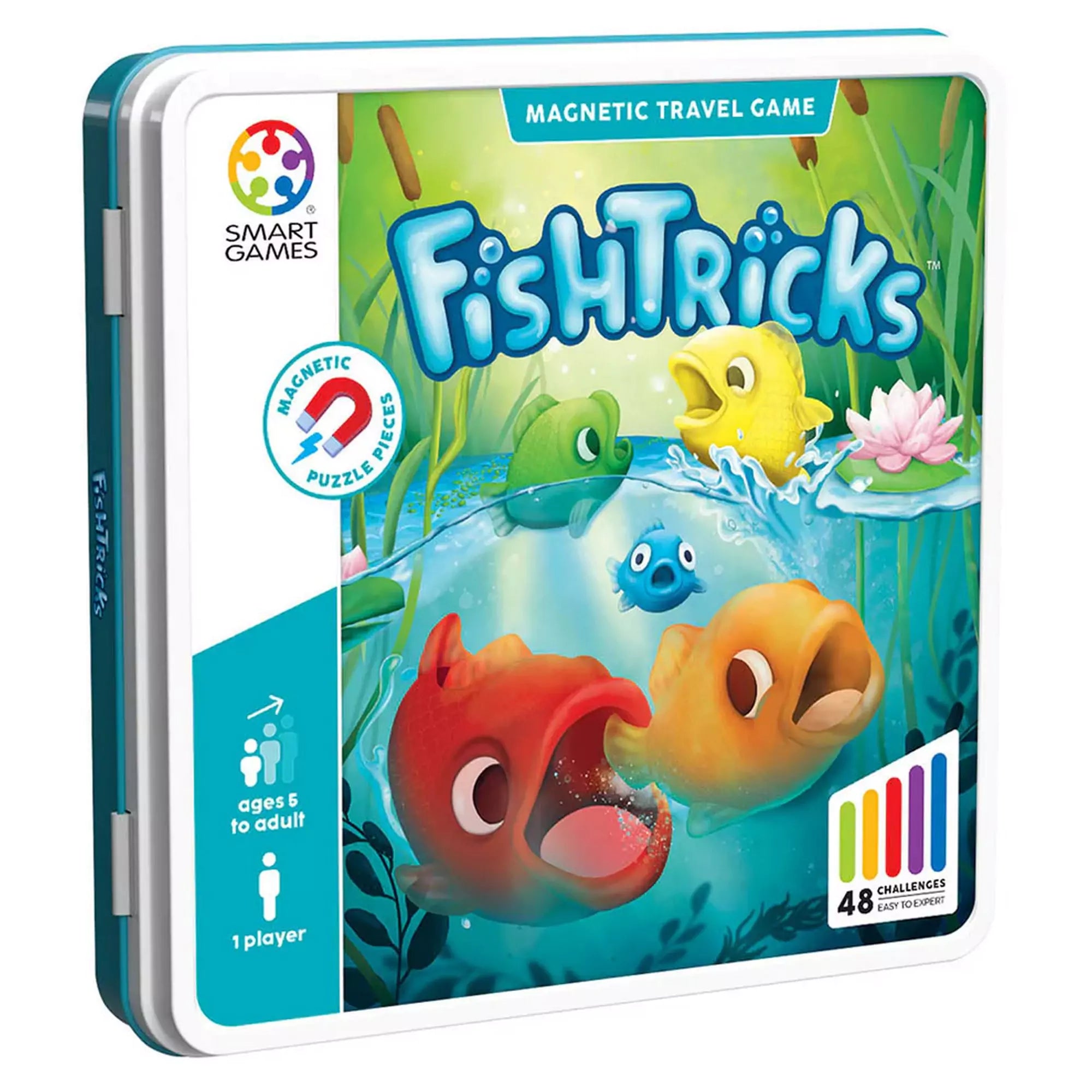 Smart Games Fish Tricks mágneses logikai játék fémdobozos csomagolásban, színes halakkal illusztrált borítóval.