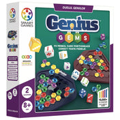 Genius Gems társasjáték doboza, színes drágakő alakú elemekkel és dobókockákkal
