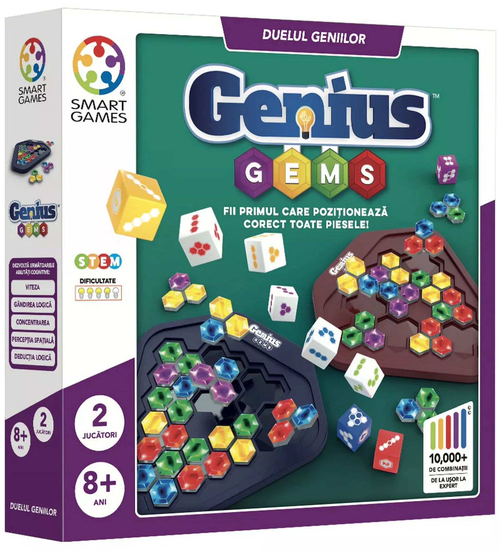 Genius Gems társasjáték doboza, színes drágakő alakú elemekkel és dobókockákkal