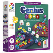 A Smart Games Genius Gems logikai játék doboza, színes drágakövekkel, dobókockákkal és gyémánt alakú játéktáblákkal illusztrálva.