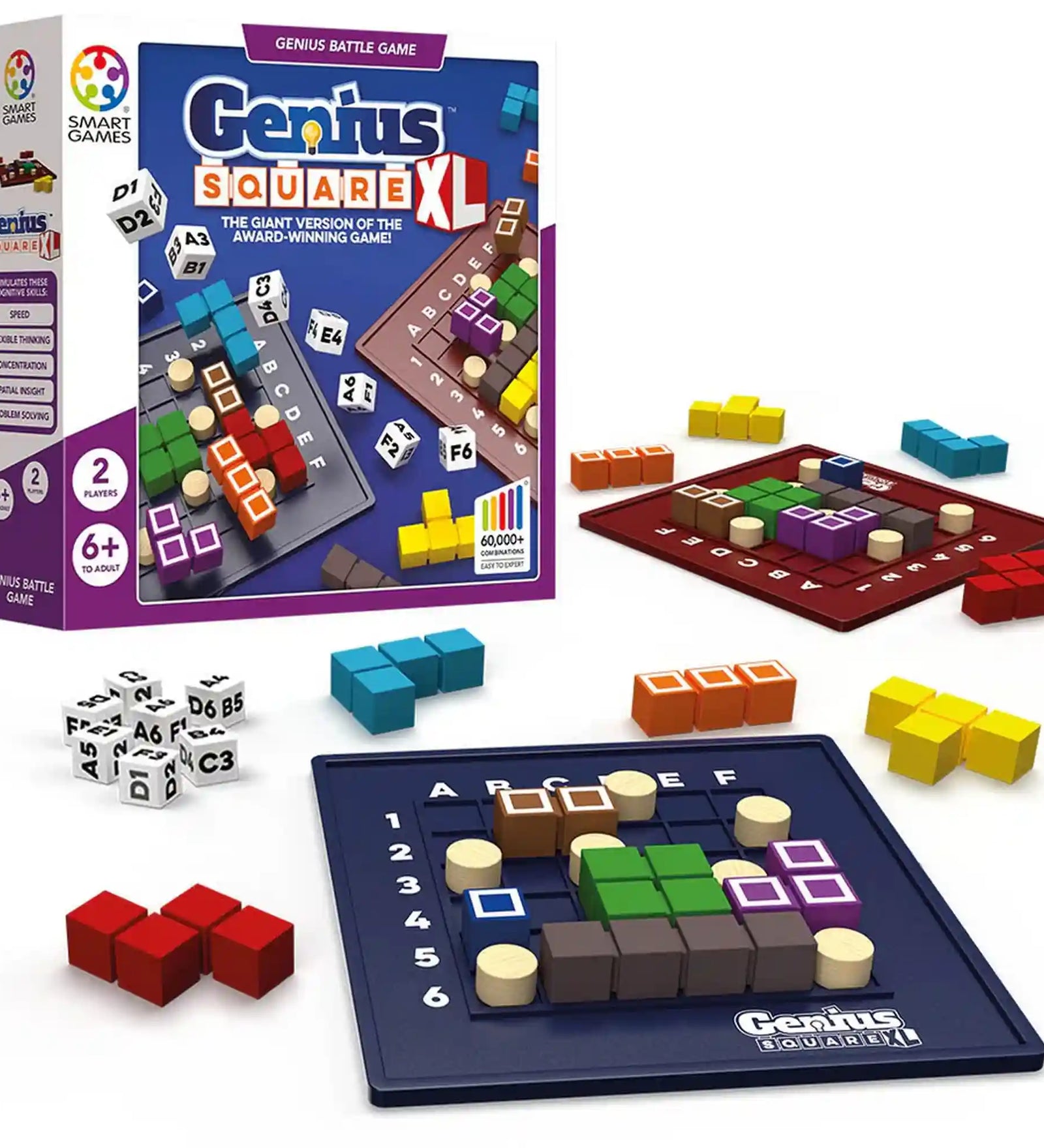 Genius Square XL logikai társasjáték doboza és tartalma két nagyméretű játéktáblával, színes puzzle elemekkel, koordináta dobókockákkal és stratégiai kirakó feladványokkal.