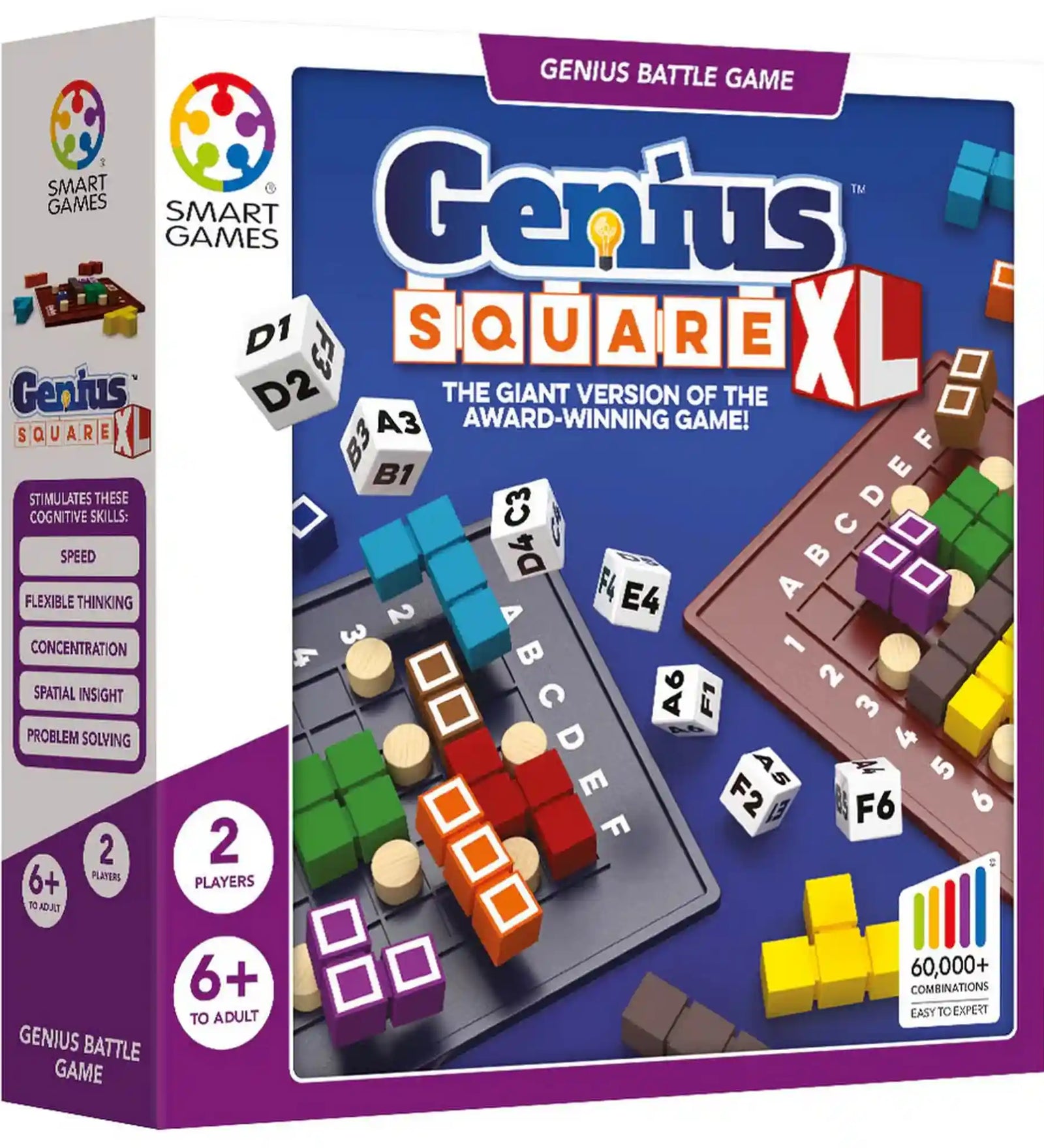 A Genius Square XL társasjáték dobozképe Smart Games logóval, színes kirakóelemekkel és logikai kihívásokat bemutató grafikával.
