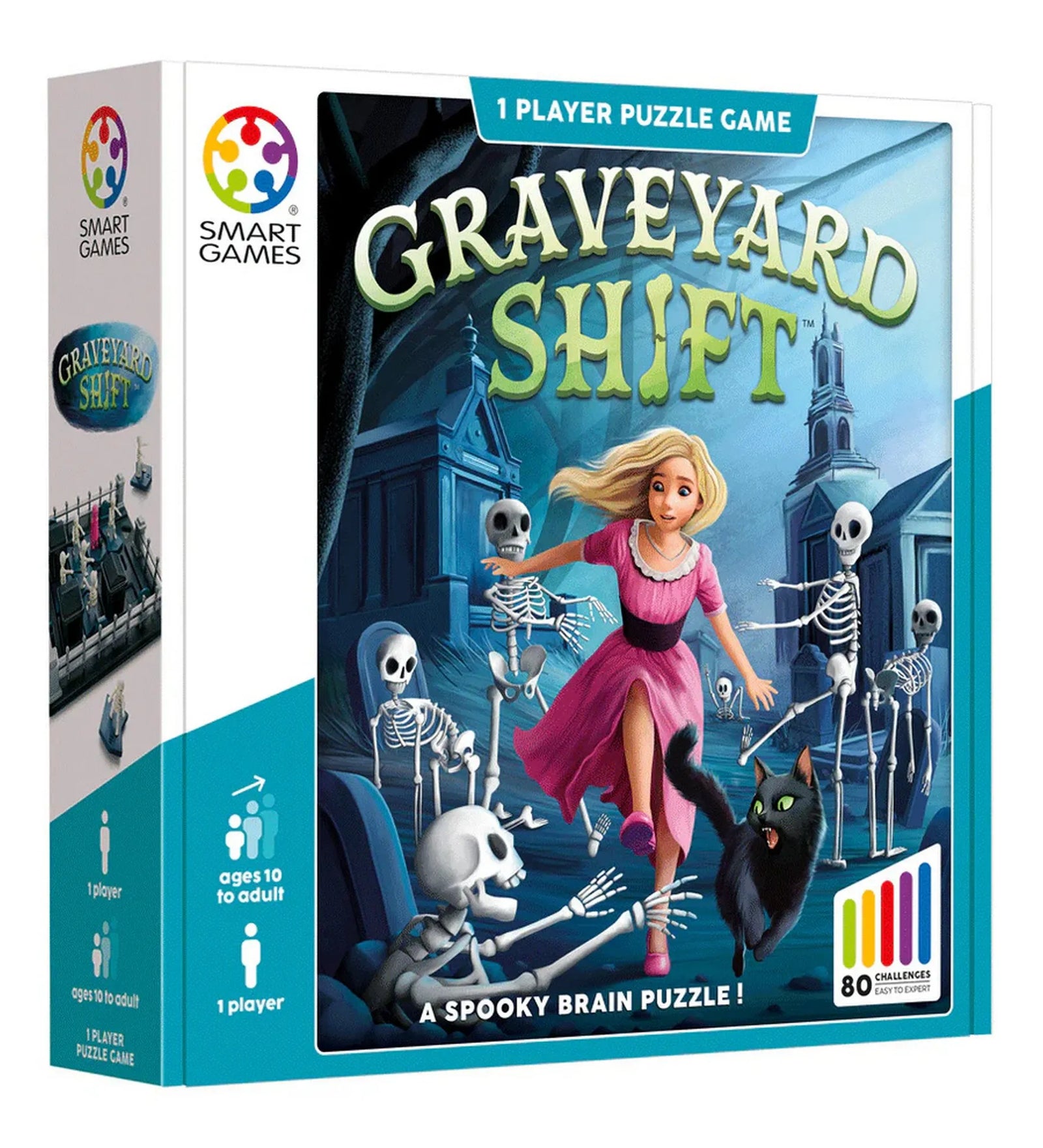 A Smart Games Graveyard Shift játék doboza, amelyen a főhős lány és a csontvázak jelenete látható, 80 kihívással.
