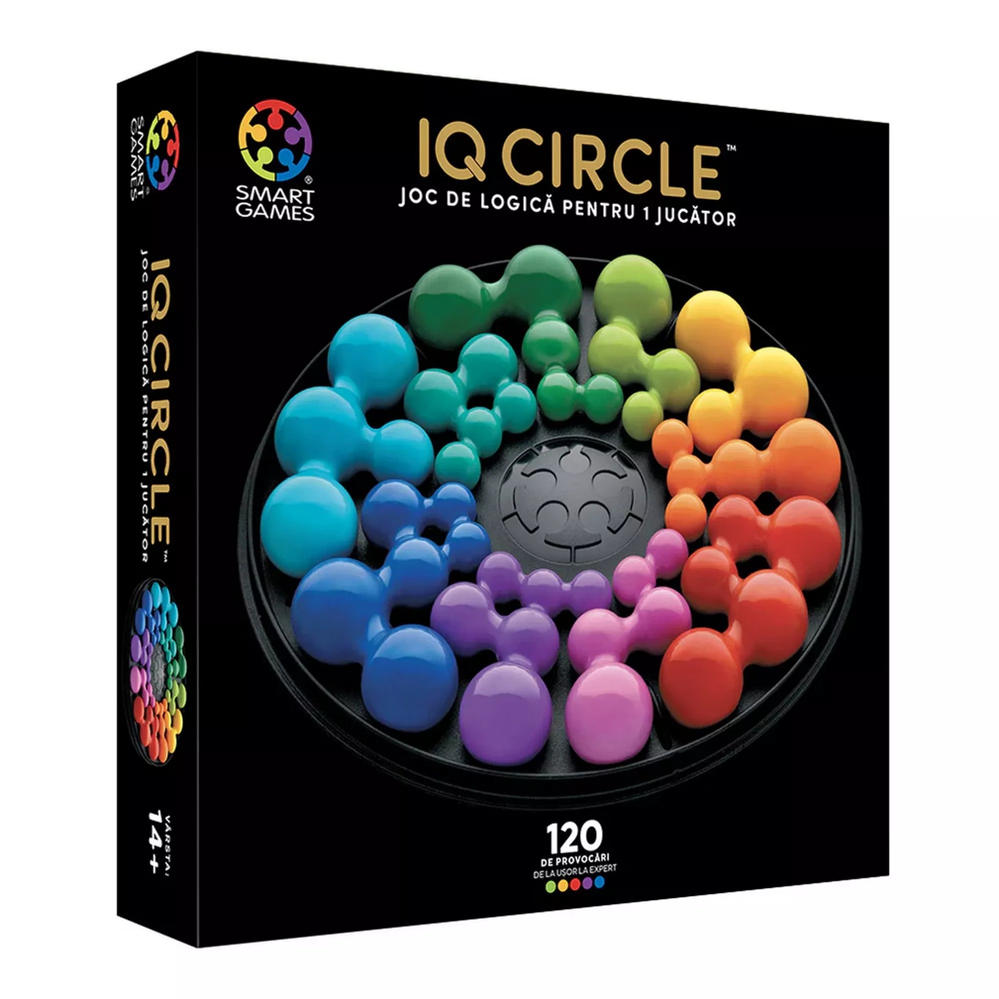 A Smart Games IQ Deluxe Circle logikai játék doboza, amelyen a színes, gömbszerű kirakódarabok spirálisan helyezkednek el a fekete, kör alakú játéktáblán. A csomagoláson 120 kihívás szerepel, a játék egyéni játékosok számára készült, modern fekete dizájnnal.