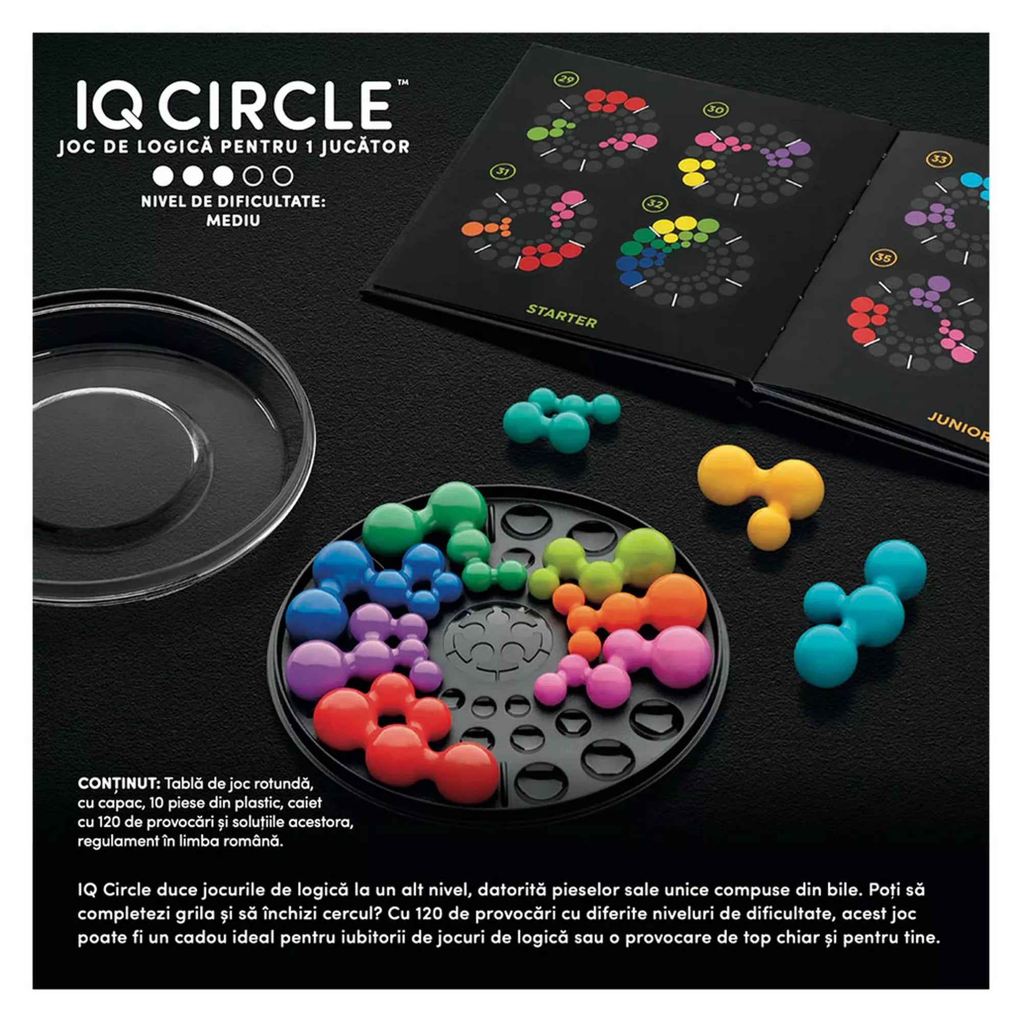 A Smart Games IQ Deluxe Circle logikai játék kinyitott állapotban, mellette a feladványfüzet különböző szintű kihívásokat mutató oldalai. A kép alján látható a játéktábla, a színes elemek és a szabályzat, valamint a tartalomleírás román nyelven.