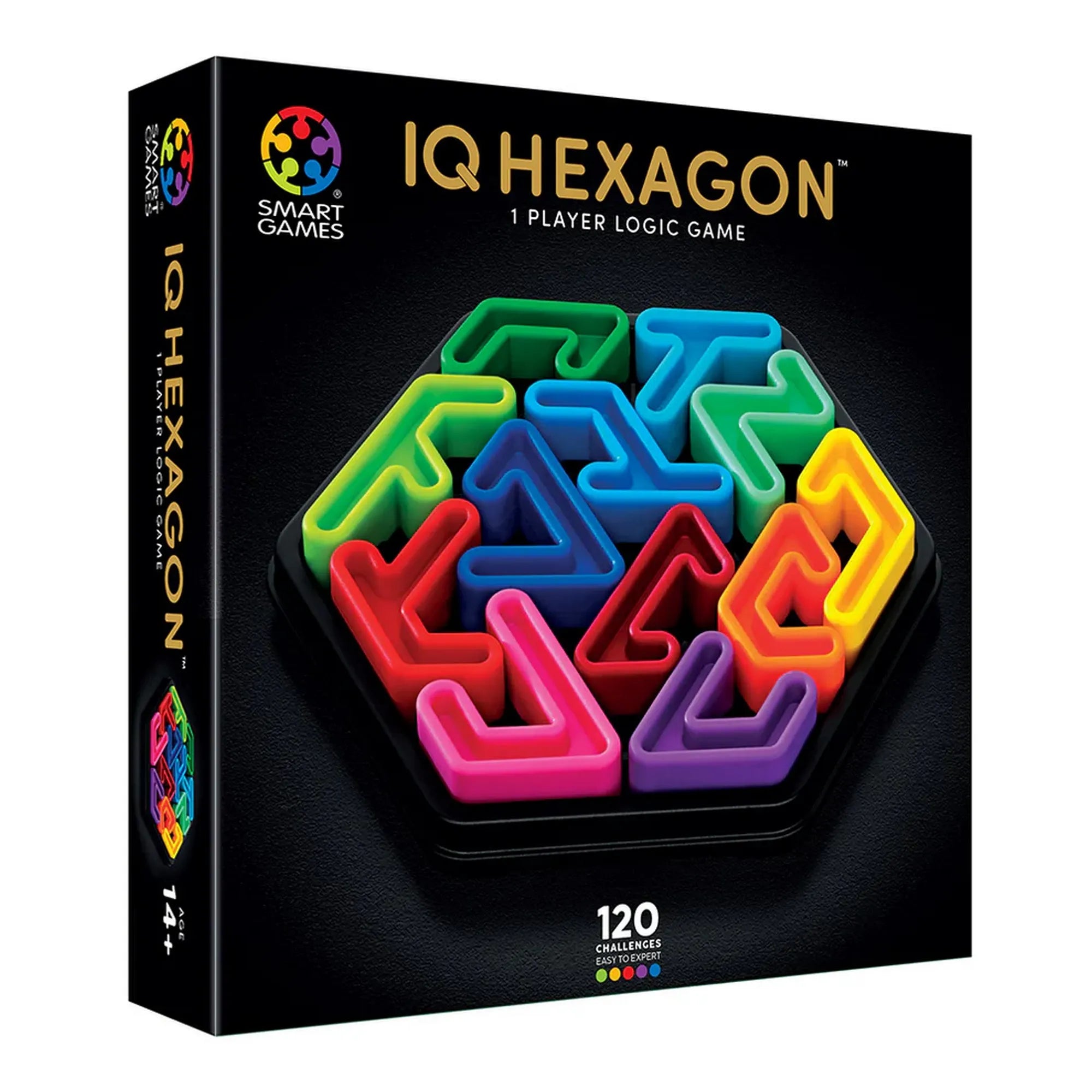 IQ Hexagon logikai játék doboza, színes elemekkel kirakott hatszög alakú játéktáblával a borítón.