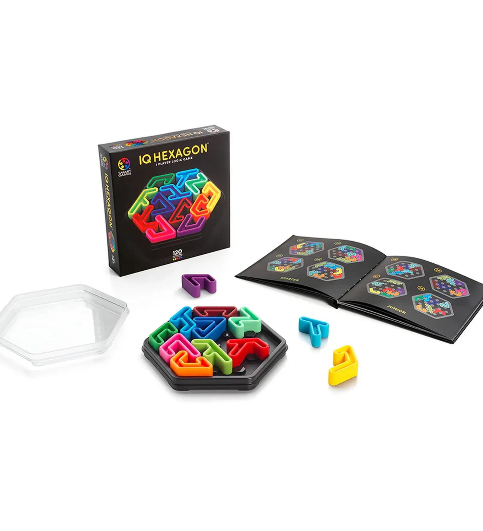 IQ Hexagon logikai játék teljes tartalma, doboz, hatszög alakú tábla, színes elemek és feladatfüzet.