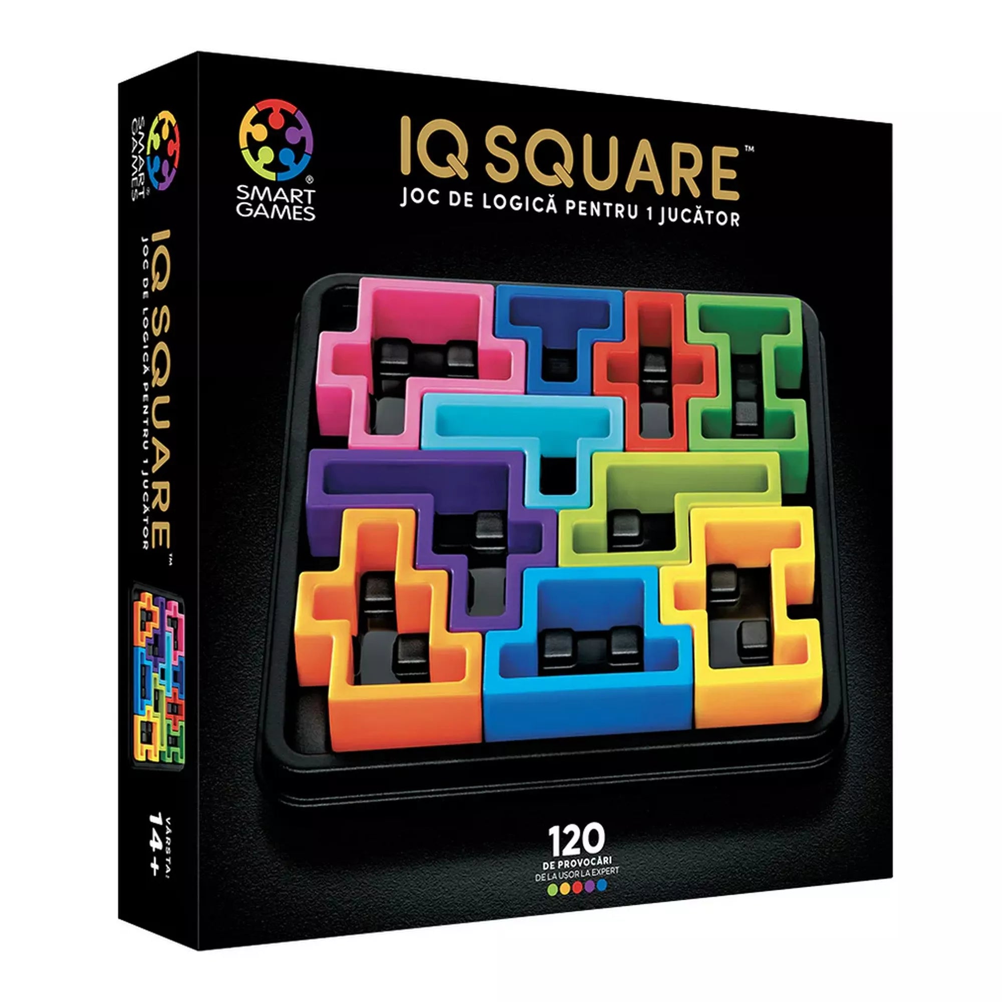 A Smart Games IQ Deluxe Square logikai játék doboza, amelyen a színes, Tetris-szerű puzzle-darabok négyzet alakú játéktáblán láthatók. A fekete alapon élénk színekben megjelenő elemek vizuálisan kiemelik a játék célját: a tökéletes négyzet kirakását 120 kihívás során.