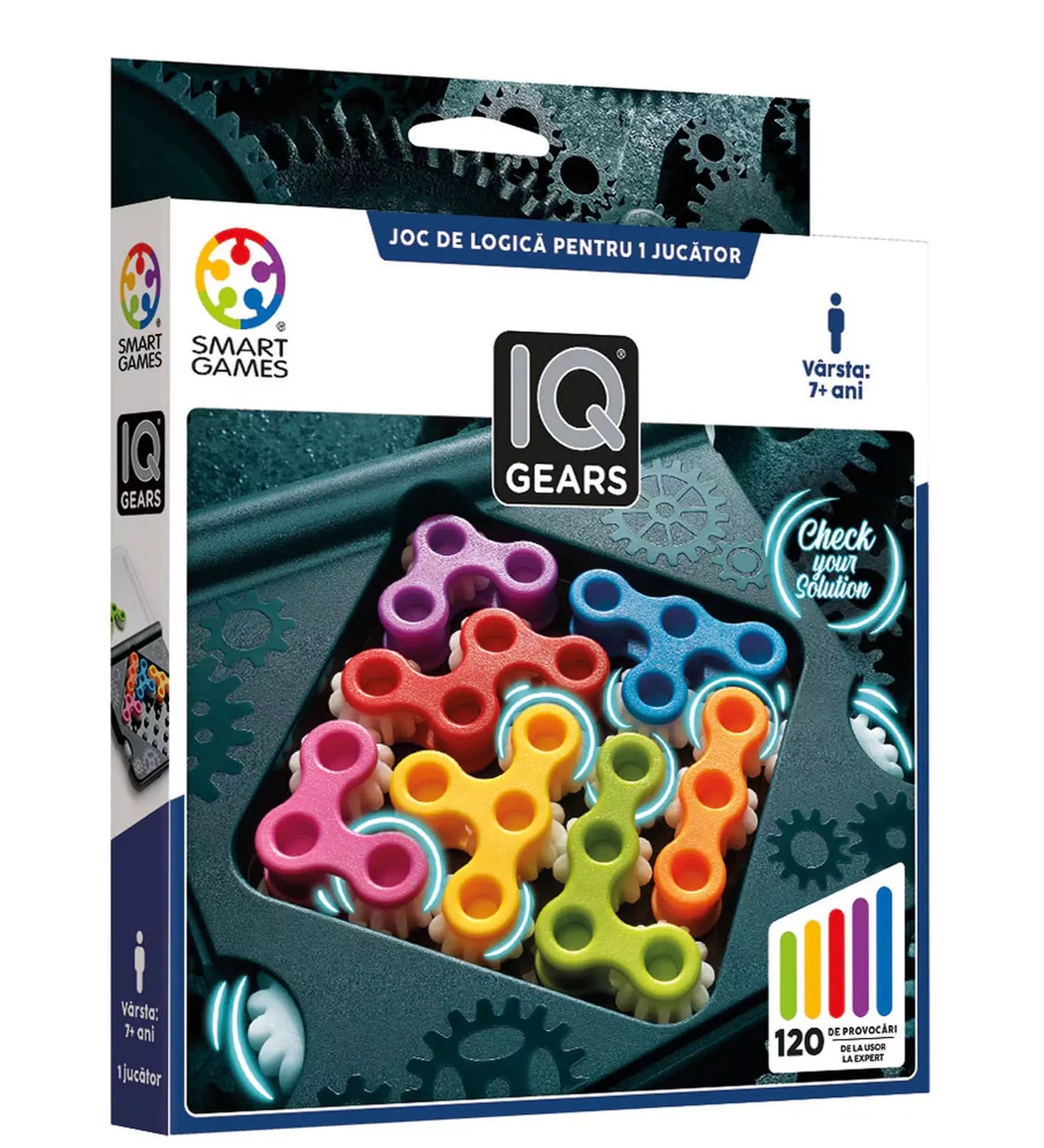 Smart Games IQ Gears logikai játék doboza, színes fogaskerekekkel és 120 kihívást jelző grafikával.