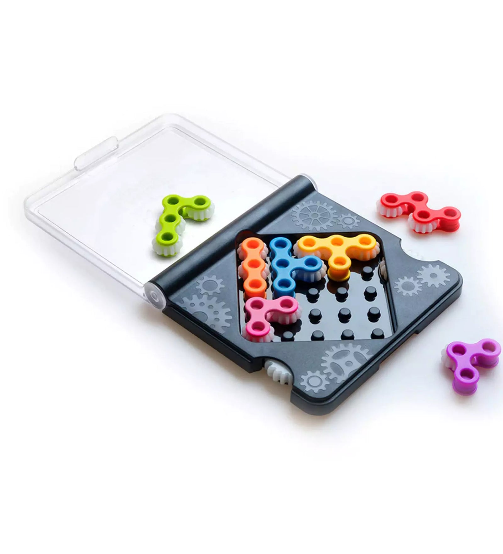 Smart Games IQ Gears játék nyitott állapotban, színes fogaskerék alakú puzzle-elemekkel elhelyezve a játéktáblán.