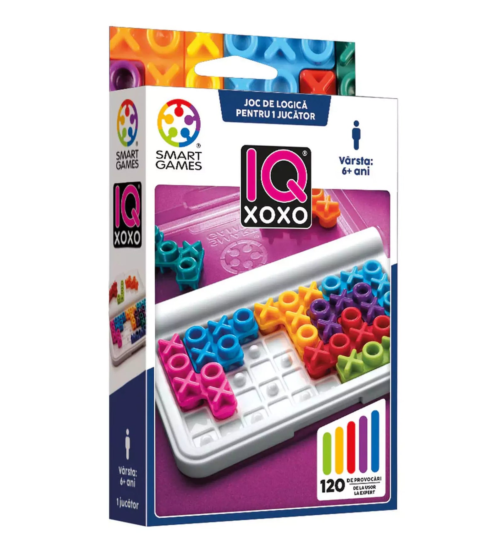 Smart Games IQ XOXO logikai játék színes doboza, X és O alakú puzzle-elemekkel és 120 kihívást jelző grafikával.