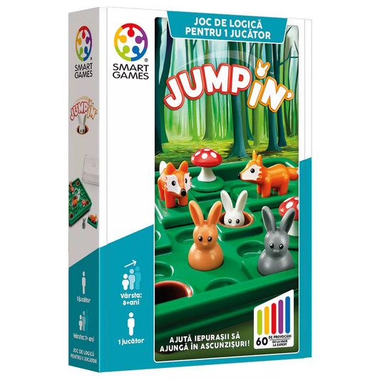 A Jump’In logikai játék doboza, nyuszikkal, rókákkal és gombákkal a zöld erdei játéktáblán.”