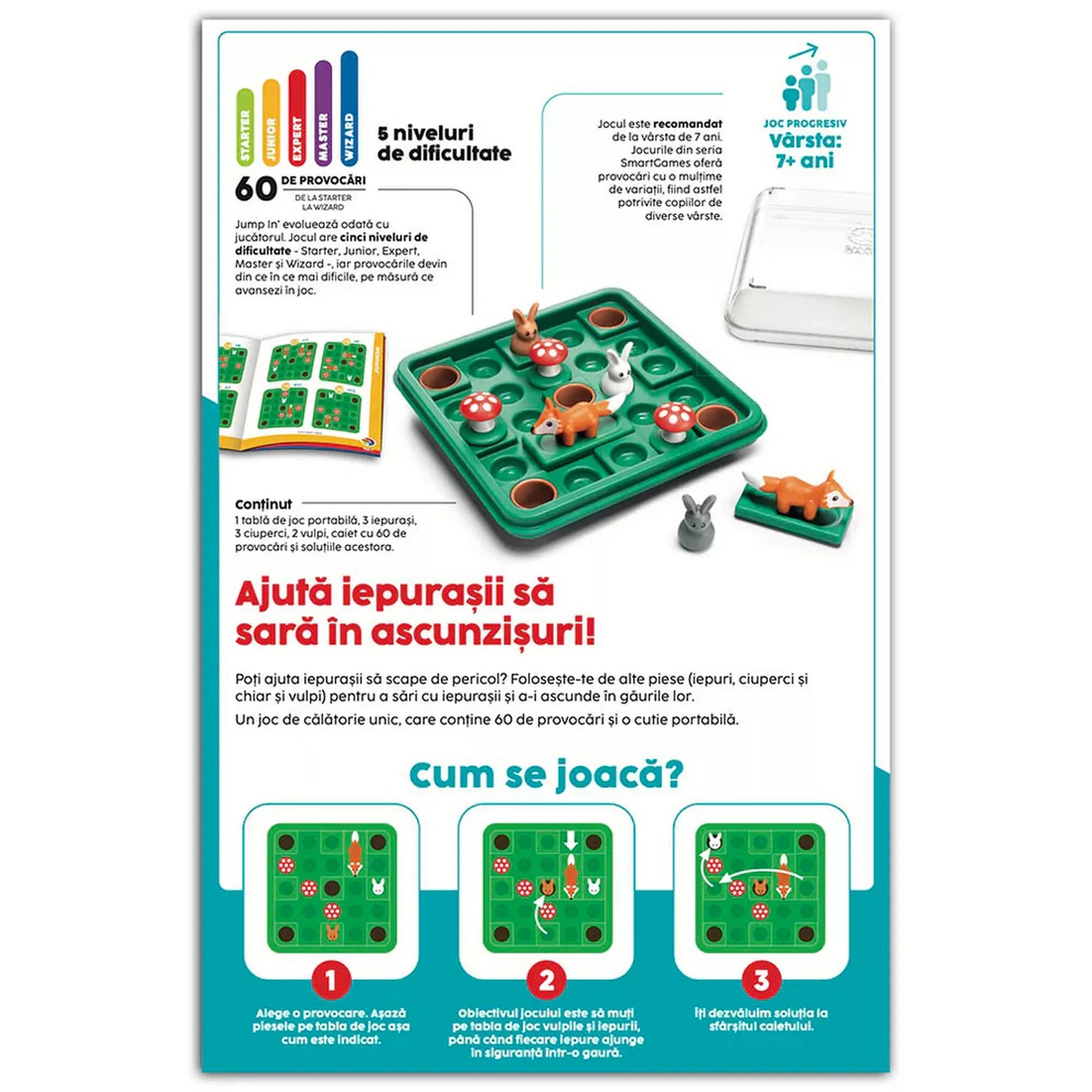 „A Jump’In játék hátoldala, a kihívások leírásával, a játékelemek bemutatásával és a nehézségi szintek jelölésével.”