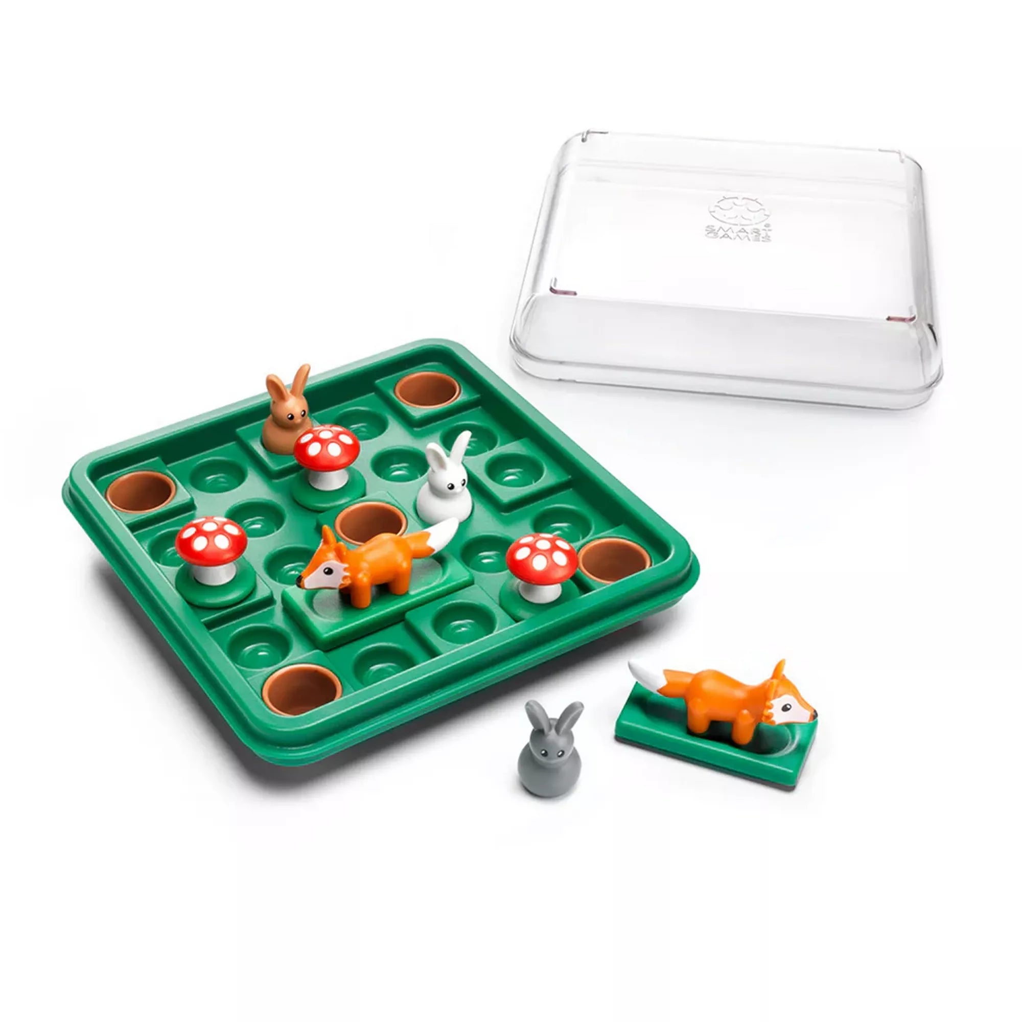 „A Jump’In játéktábla nyuszikkal, rókával és gombákkal, levehető átlátszó fedéllel és kivehető elemekkel.”