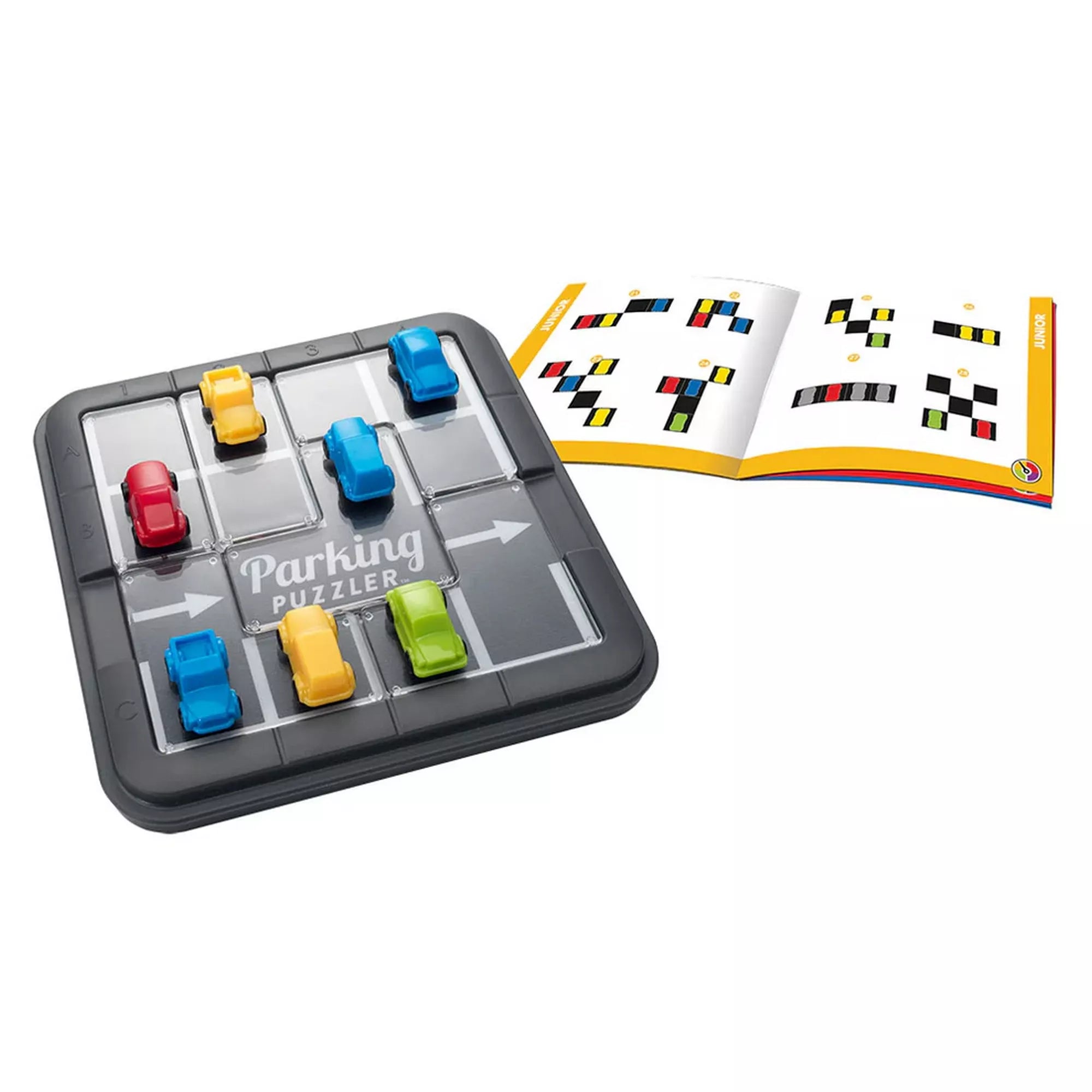 Parking Puzzler játéktábla színes autókkal elhelyezve, mellette a feladványfüzet különböző kihívásokkal.