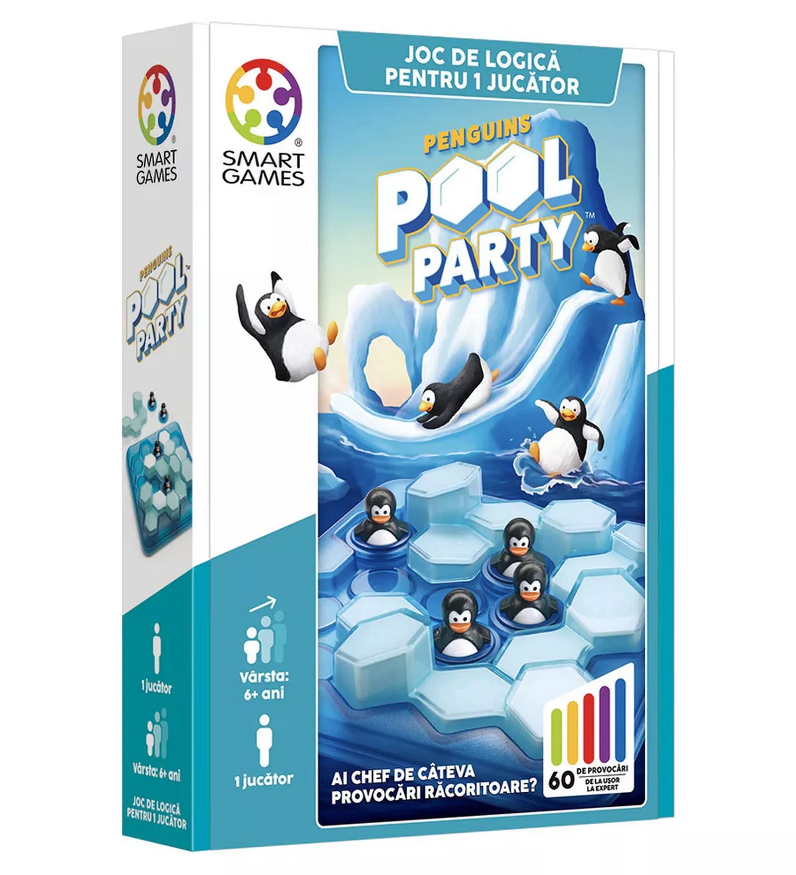 Penguins Pool Party logikai játék doboza, jeges medencében játszó pingvinekkel, Smart Games egyszemélyes fejtörő 6 éves kortól