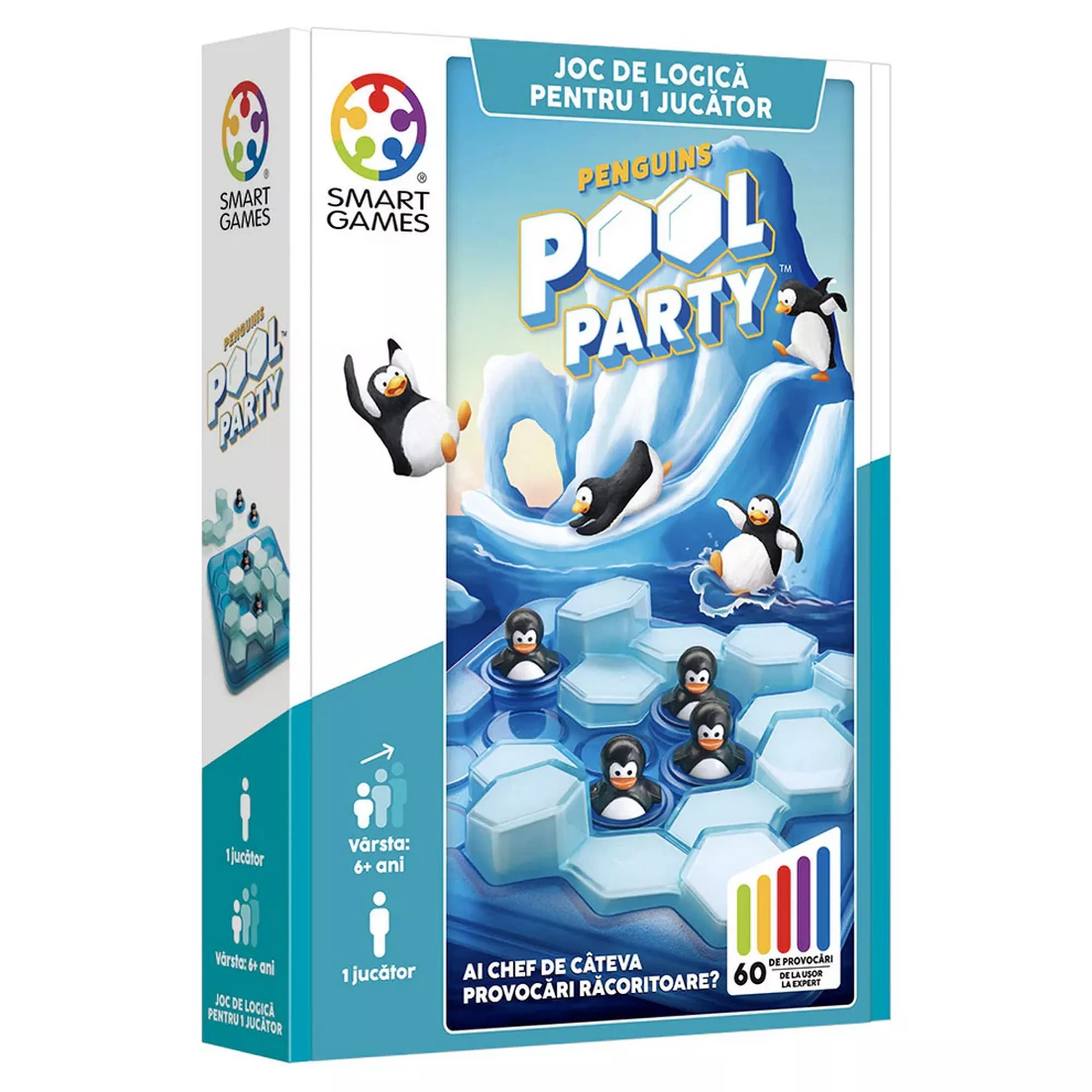 Penguins Pool Party logikai játék doboza, jeges medencében játszó pingvinekkel, Smart Games egyszemélyes fejtörő 6 éves kortól