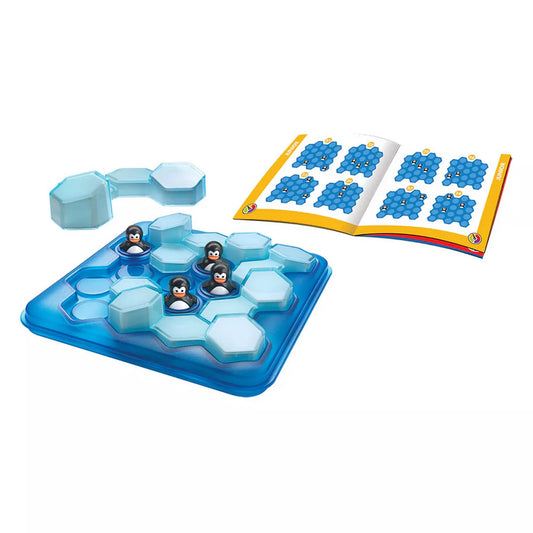 Penguins Pool Party logikai játék játékelemei: játéktábla, pingvin figurák, jégtömbök és kihívásfüzet
