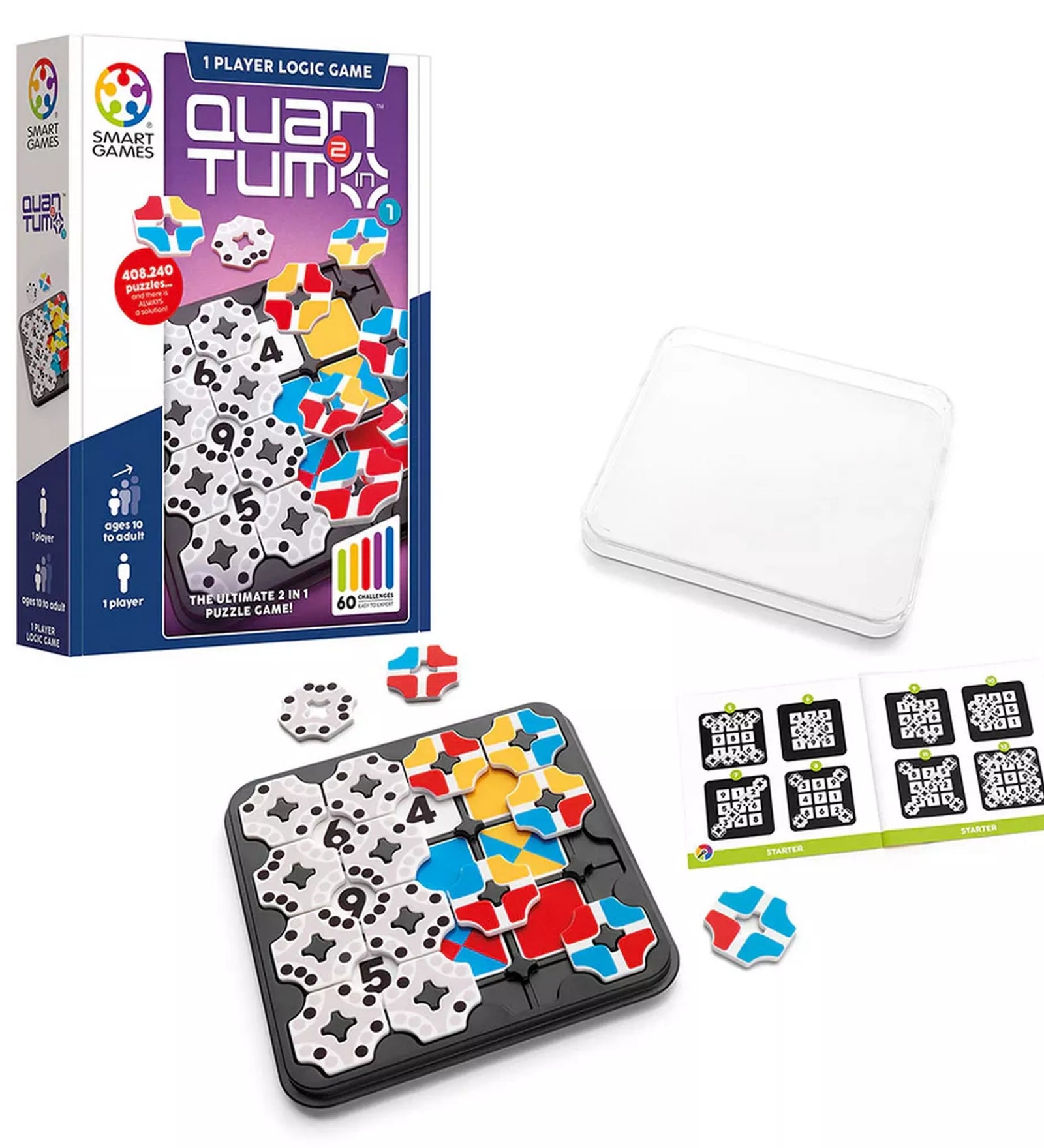 A Smart Games Quantum 2 in 1 játék teljes tartalma: doboz, játéktábla, színes elemek és feladványfüzet.