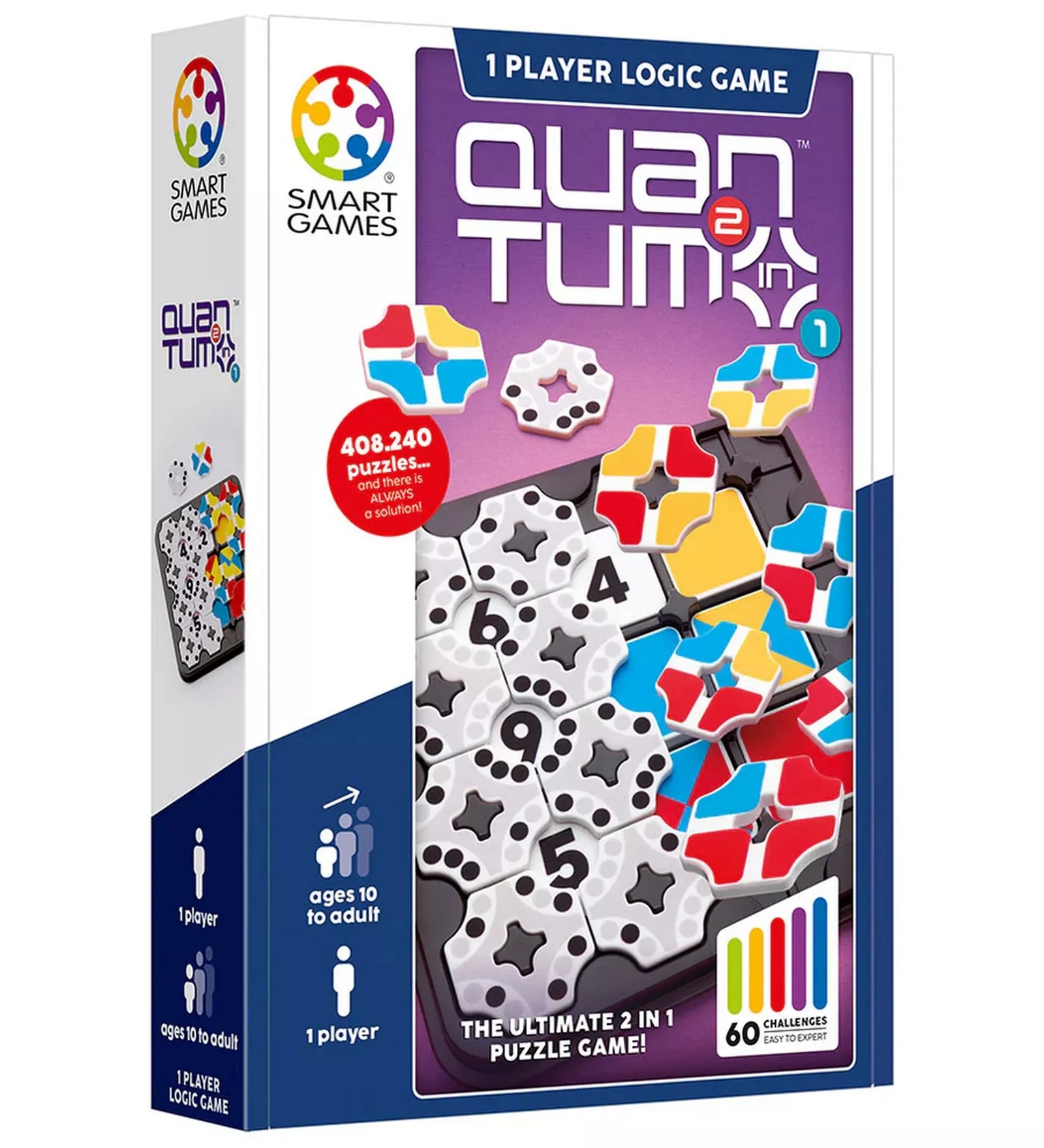 A Smart Games Quantum 2 in 1 logikai játék doboza, a színes mintás és számos kirakóelemekkel.