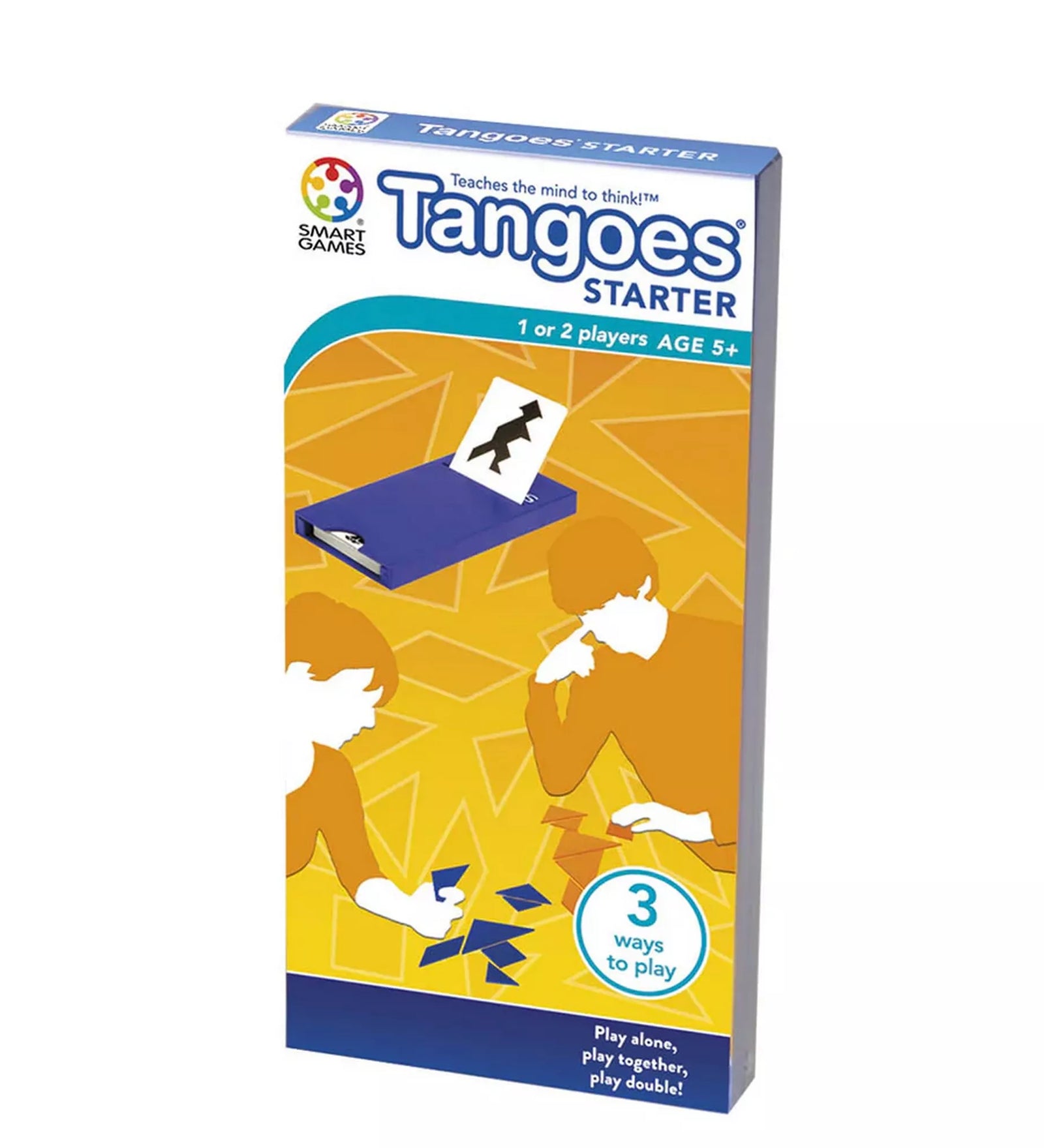 „A Tangoes Starter logikai játék doboza, amely tangram kirakókat és kihíváskártyákat tartalmaz 1–2 játékos számára.”