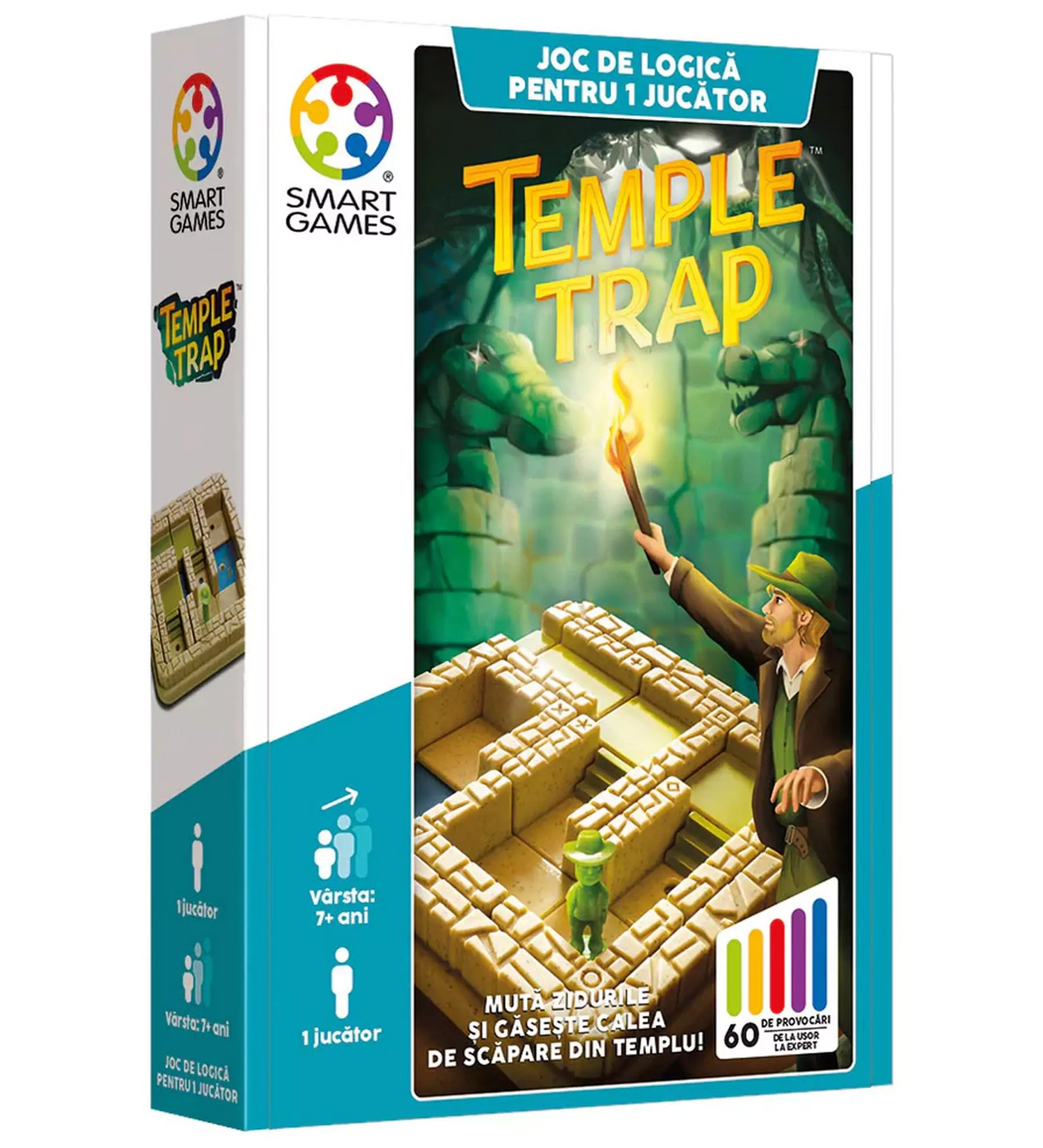 A Smart Games Temple Trap logikai játék színes doboza, egy fáklyát tartó kalandorral és mozgó labirintussal illusztrálva.