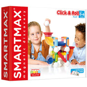 A SmartMax Click & Roll doboza két kisgyermekkel, akik épp a színes mágneses építőelemekkel játszanak.