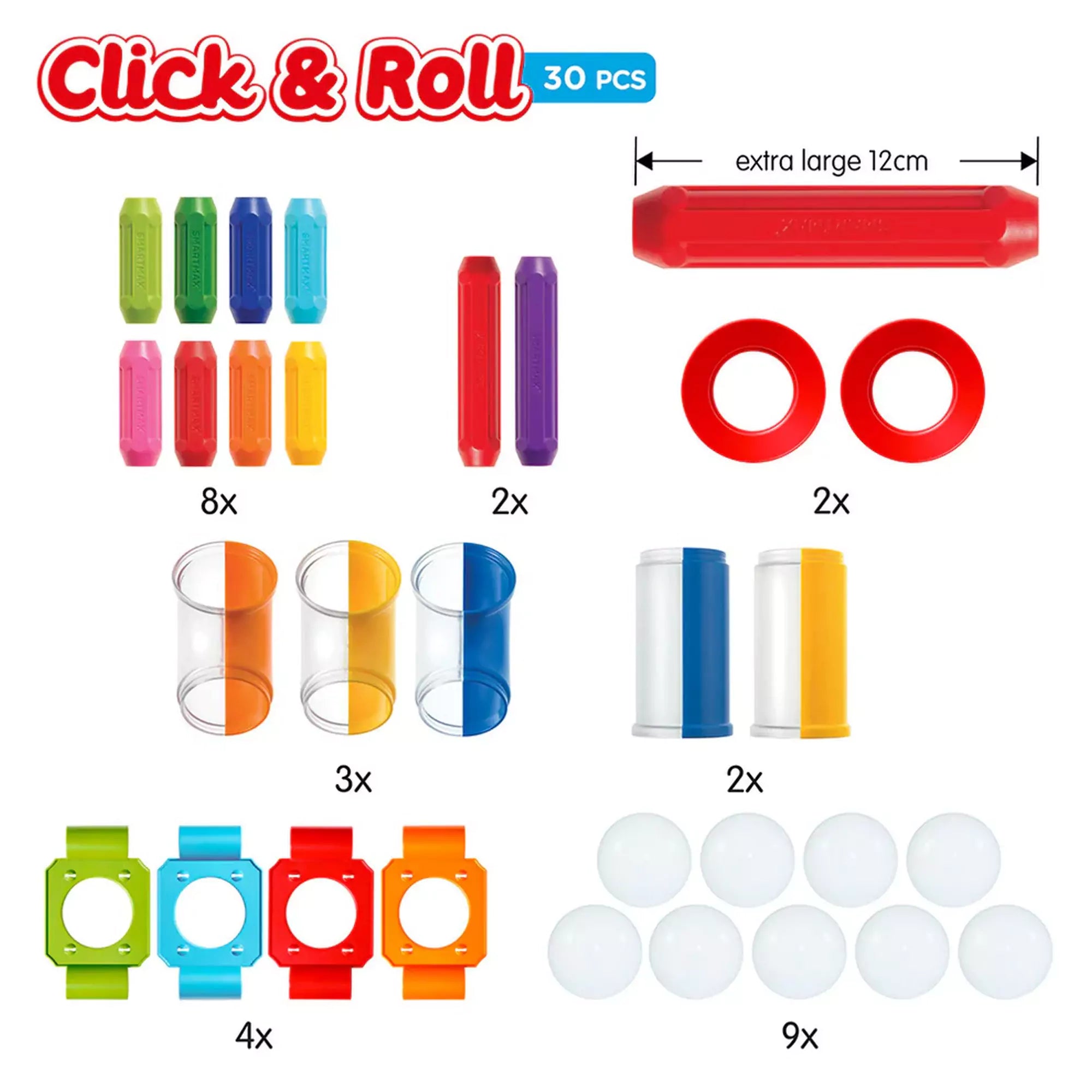  A SmartMax Click & Roll 30 darabos készletének minden eleme külön-külön elrendezve: rudak, golyók, csövek és csatlakozók.