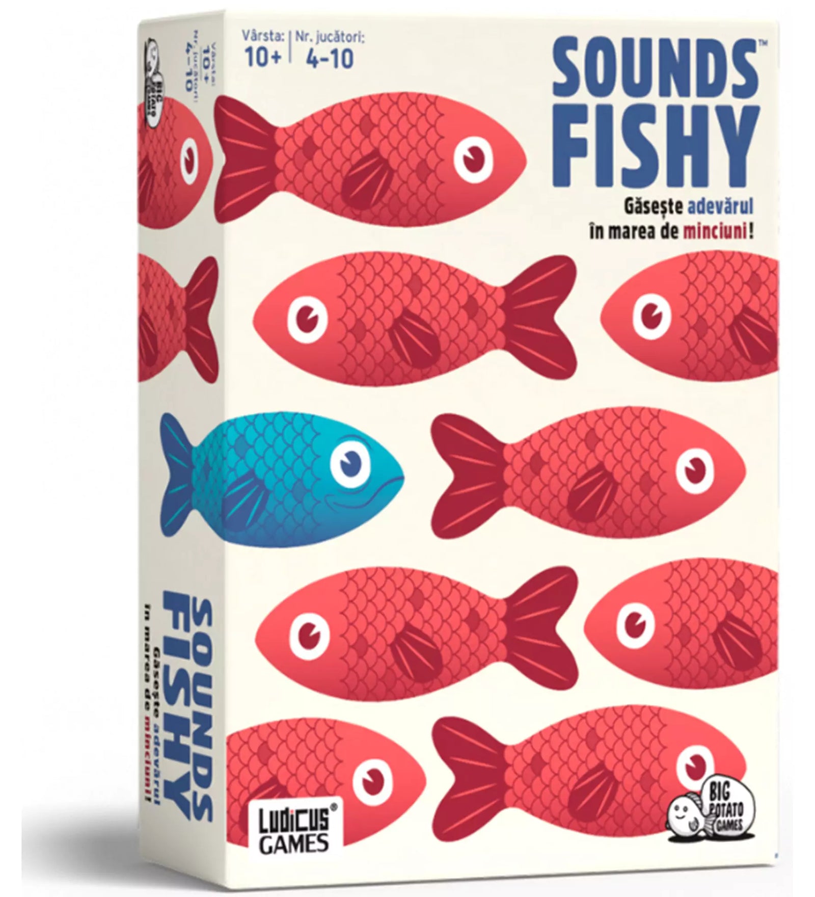A Sounds Fishy társasjáték doboza, amelyen piros halak láthatók, egyetlen kék hallal a közepén. A játék célja, hogy megtaláld az igazságot a hazugságok tengerében.