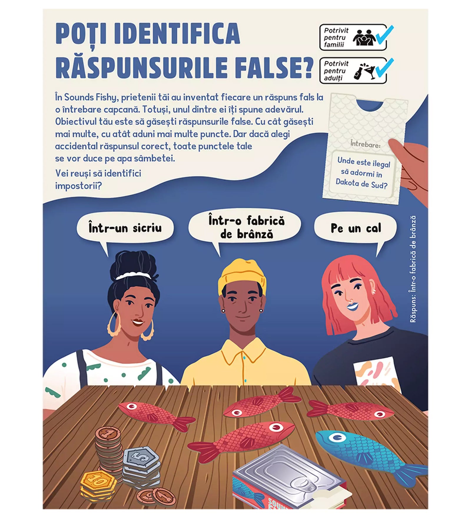 A Sounds Fishy társasjáték bemutatása, ahol játékosok megpróbálják felismerni a hamis válaszokat egy kérdésre, miközben piros és kék halakkal, valamint érmekkel játszanak.