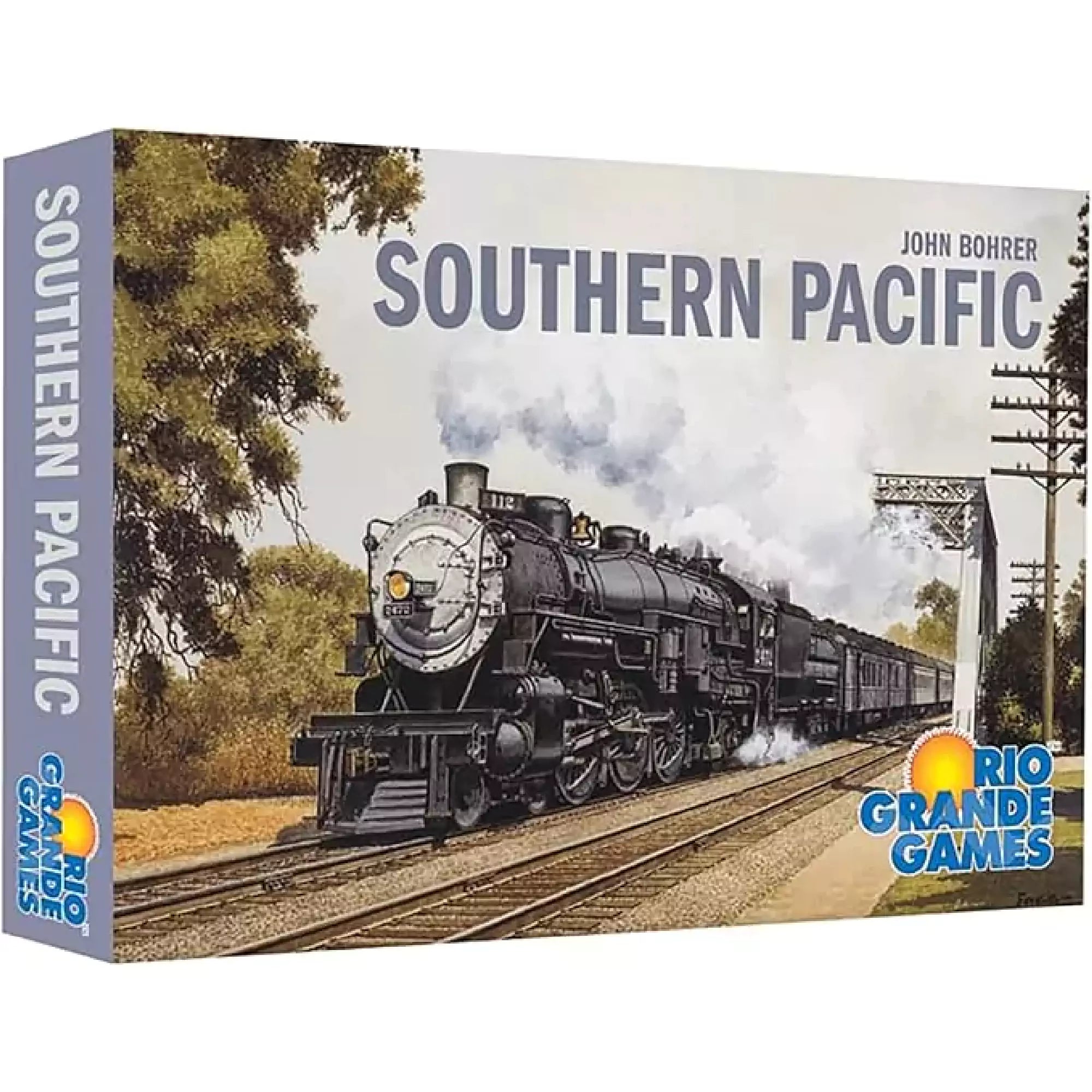 Southern Pacific – A doboz borítója a Southern Pacific társasjátéknak, amely egy gőzmozdonyt ábrázol, és a Rio Grande Games logóját tartalmazza.