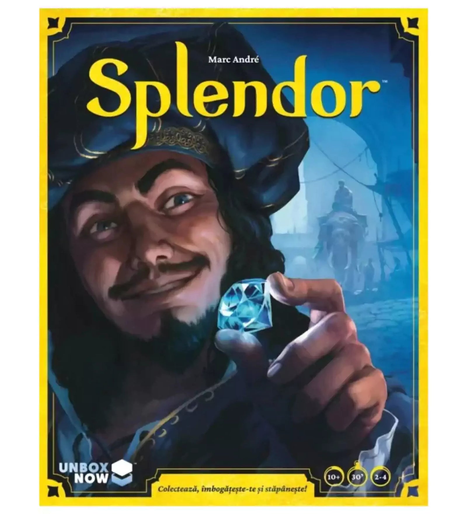A Splendor társasjáték dobozának borítója, amely egy drágakövet tartó kereskedőt ábrázol.