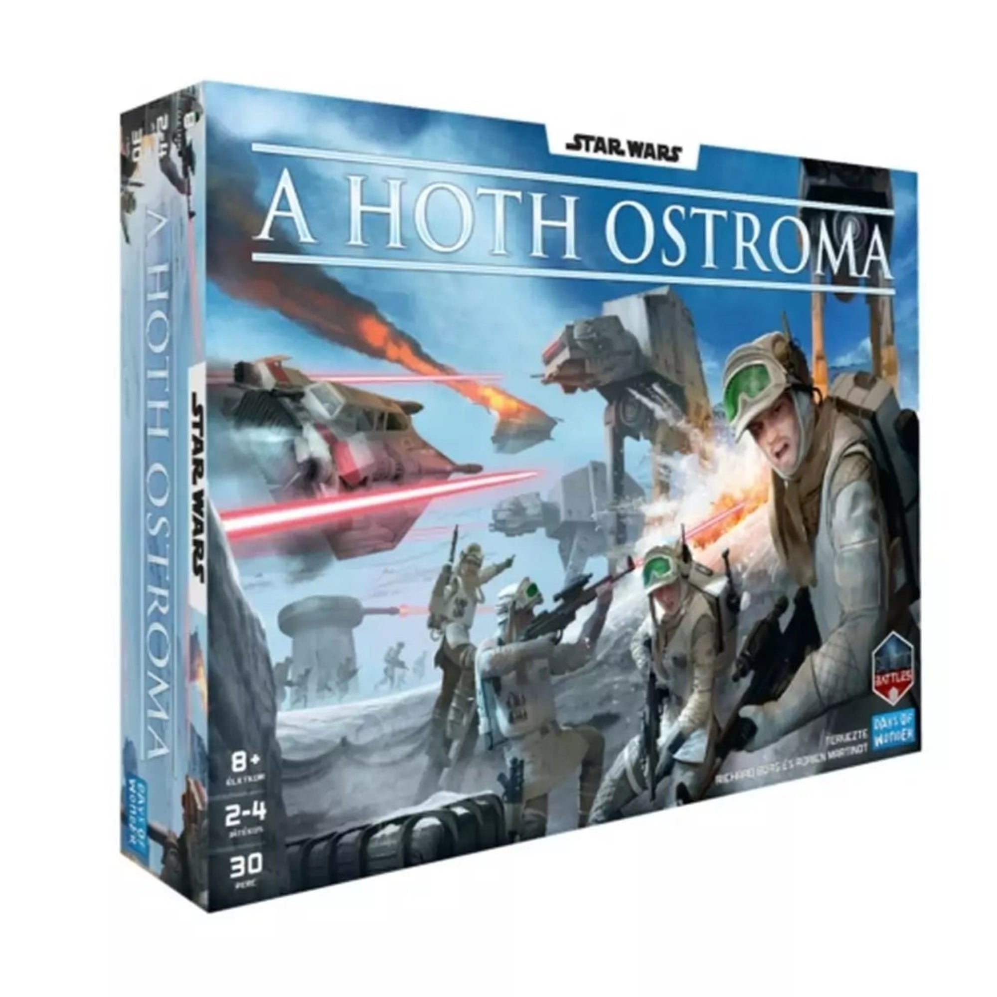 A Star Wars: A Hoth ostroma társasjáték doboza, amelyen a lázadók és a Birodalom legendás hoth-i csatája látható lépegetőkkel és hósiklókkal.