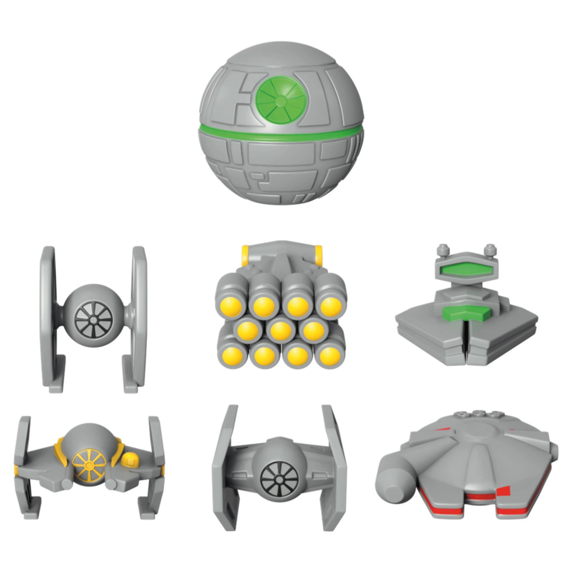 Star Wars: Super Teams magyar nyelvű társasjáték játékelemek külön bemutatva, űrhajó figurák és kiegészítők fehér háttéren.