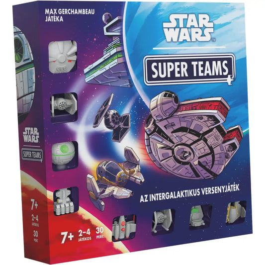 Star Wars: Super Teams magyar nyelvű társasjáték dobozképe űrhajókkal, Millennium Falcon grafikával és játékelemekkel a csomagoláson.