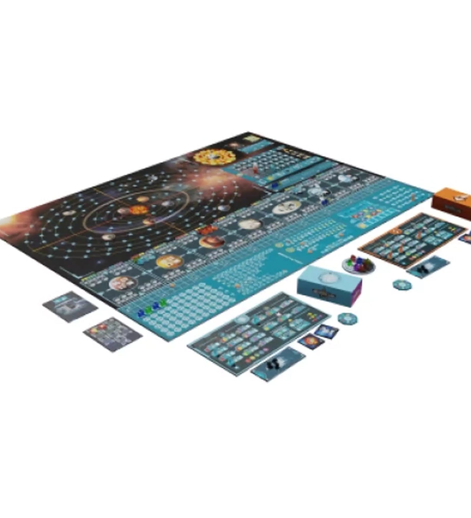 A Starship Interstellar társasjáték részletes játéktáblája és komponensei, köztük játékos táblák, tokenek és kártyák.