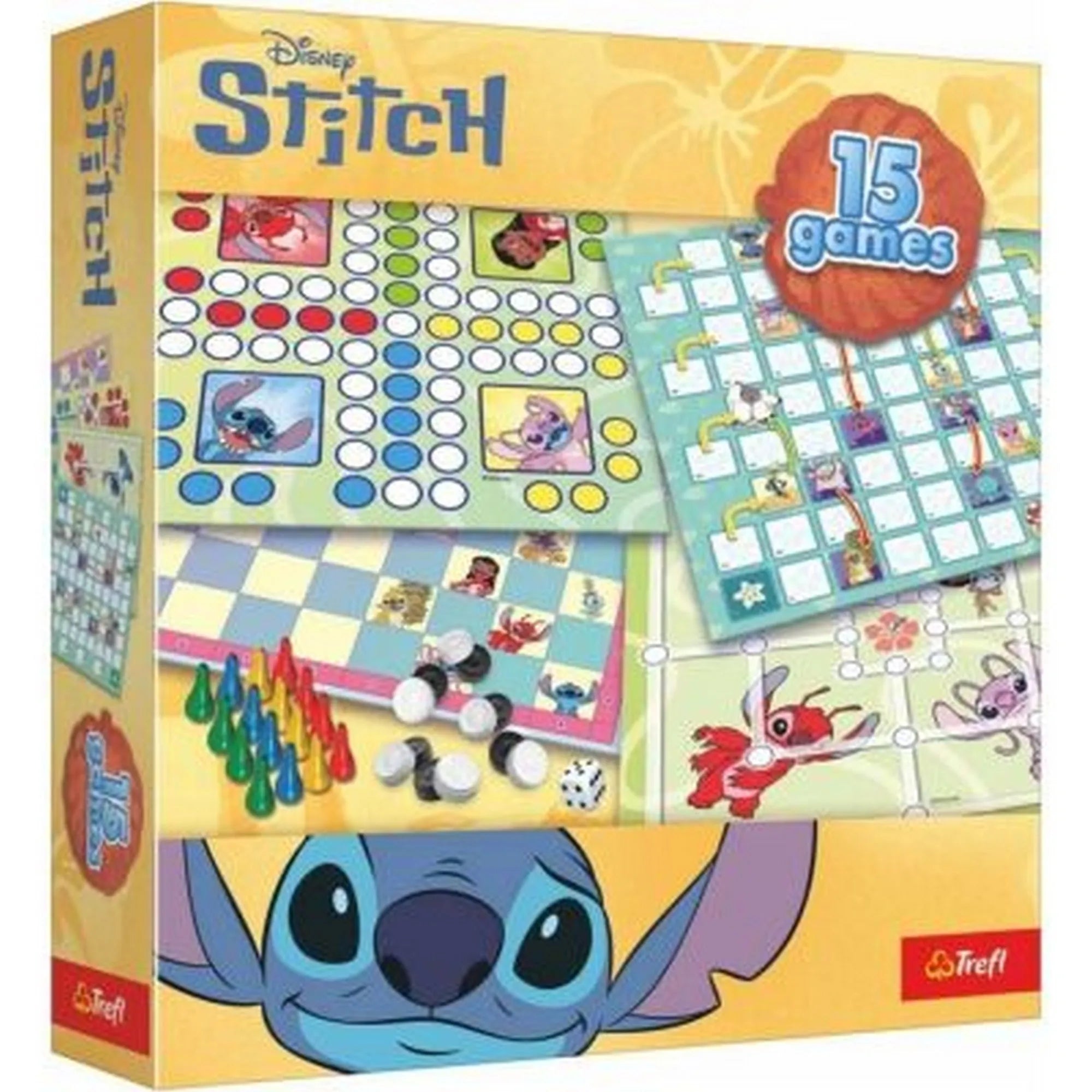 Disney Stitch 15 az 1-ben társasjáték színes doboza több játéktábla és játékelem illusztrációjával.