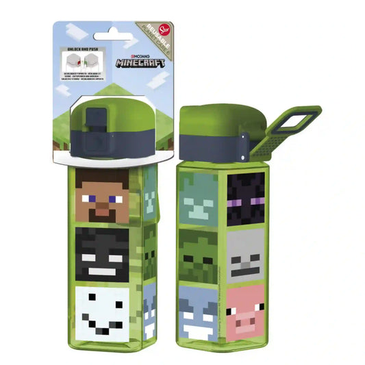 STOR Minecraft négyzet alakú kulacs szivárgásmentes, zárható kupakkal és akasztóval, 550 ml – zöld, szögletes kulacs Minecraft karakterekkel, köztük Steve, Creeper és malac mintával, zöld-sötétkék kupakkal és kihajtható akasztóval. A képen a kulacs két oldala és csomagolása látható.