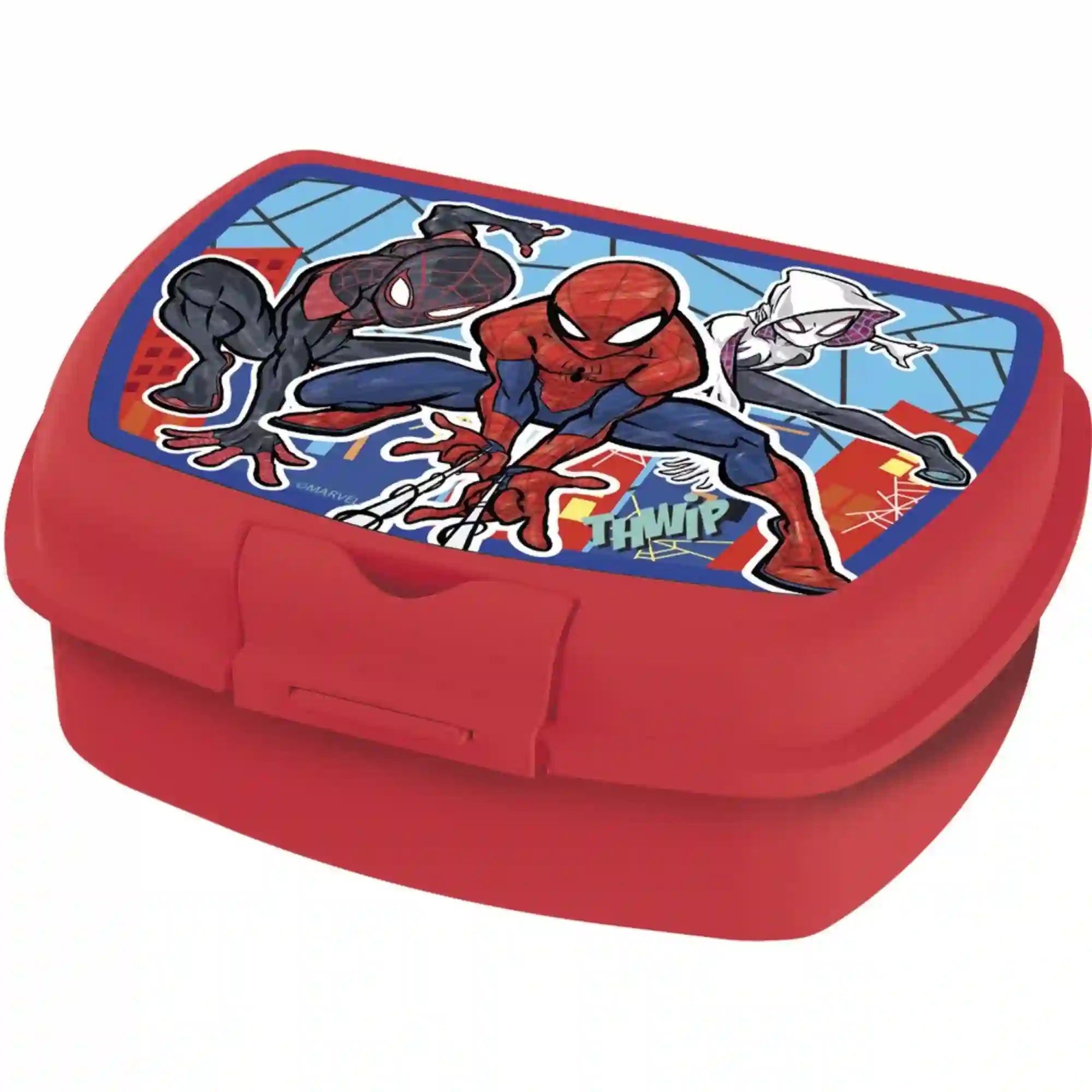 STOR Pókember mintás, kompakt uzsonnásdoboz zárható fedéllel – piros uzsonnásdoboz, fedelén Pókember, Miles Morales és Gwen Stacy figuráival, kék-piros városi háttérrel, pókhálós mintákkal és elülső piros zárófüllel, fehér háttér előtt.