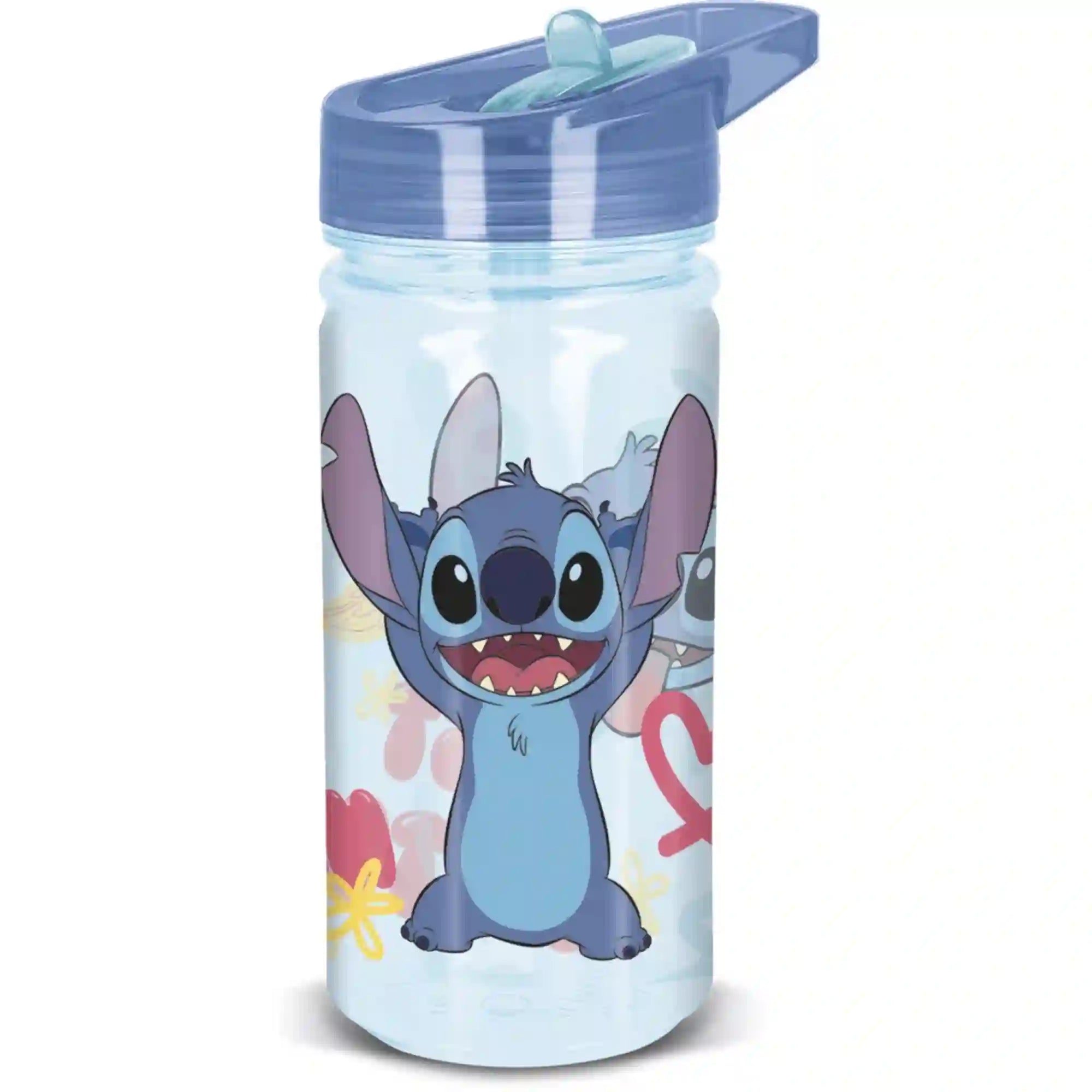 STOR Stitch mintás, 475 ml-es világoskék kulacs, sötétkék kupakkal, felhajtható ivócsőrrel és színes virágok között mosolygó Stitch-figurával.