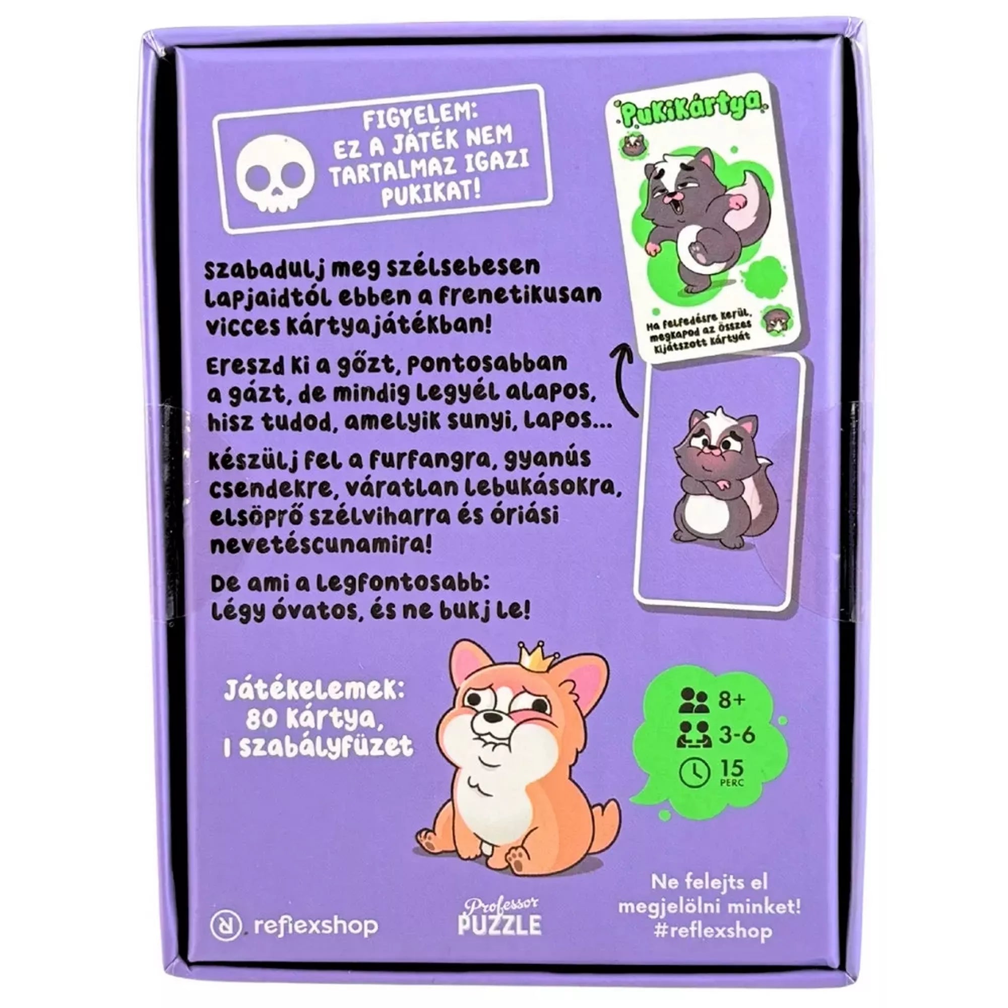 A Sunyi szelek társasjáték hátoldalán humoros leírás, játékszabályok és illusztrált lapok láthatók. A figyelmeztetés szerint a játék nem tartalmaz igazi puki hangokat.