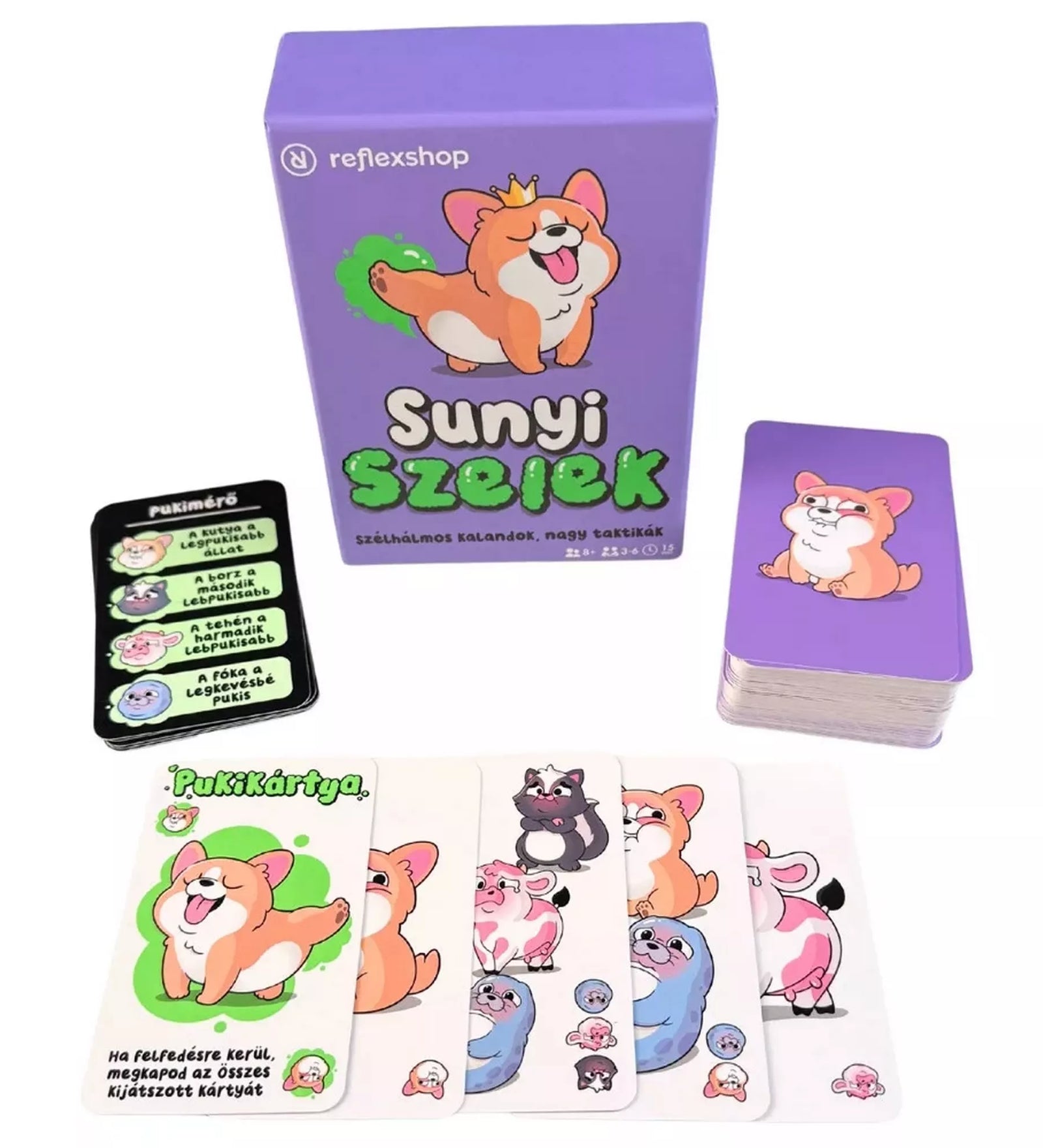 A Sunyi szelek társasjáték tartalma: játékkártyák színes állatfigurákkal (kutya, borz, tehén, fóka), valamint egy „Pukimérő” segédkártya. A lila doboz mellett a kártyapakli is látható